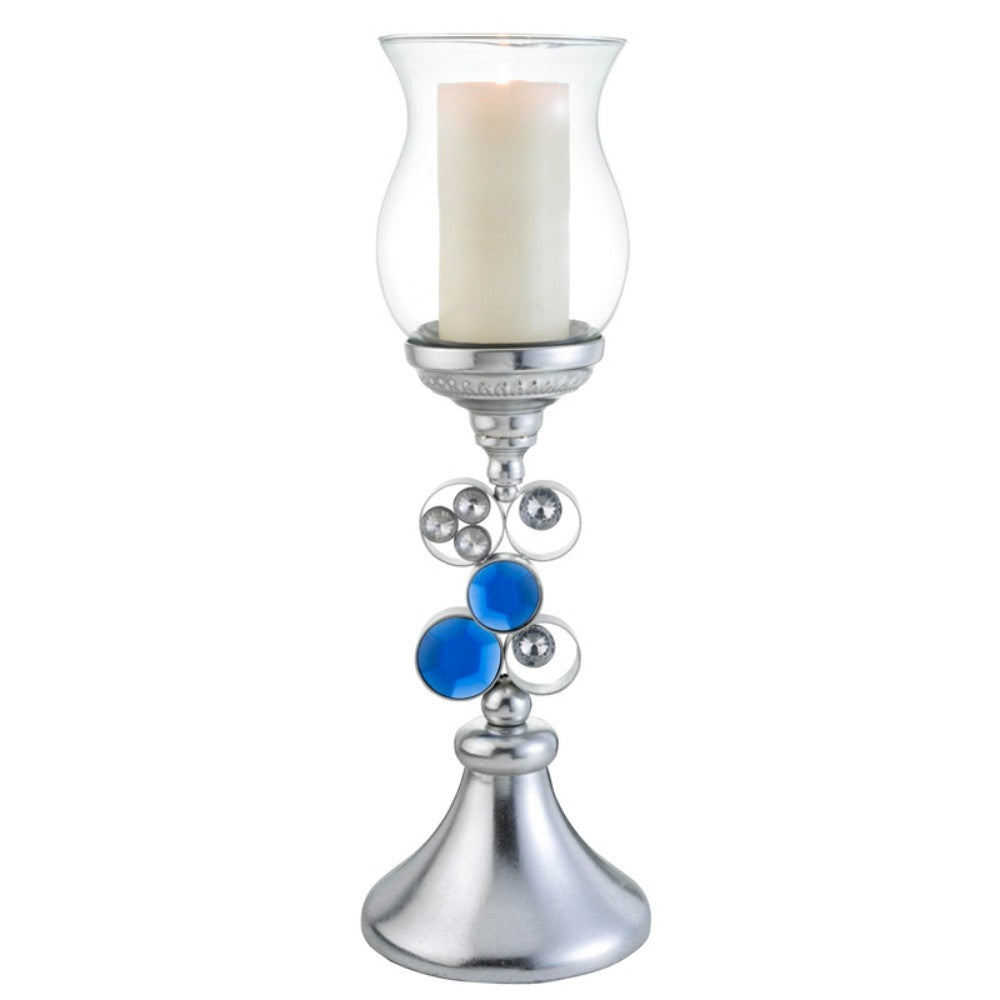 21" Silver and Blue Faux Crystal Bling Hurricane Candle Holder