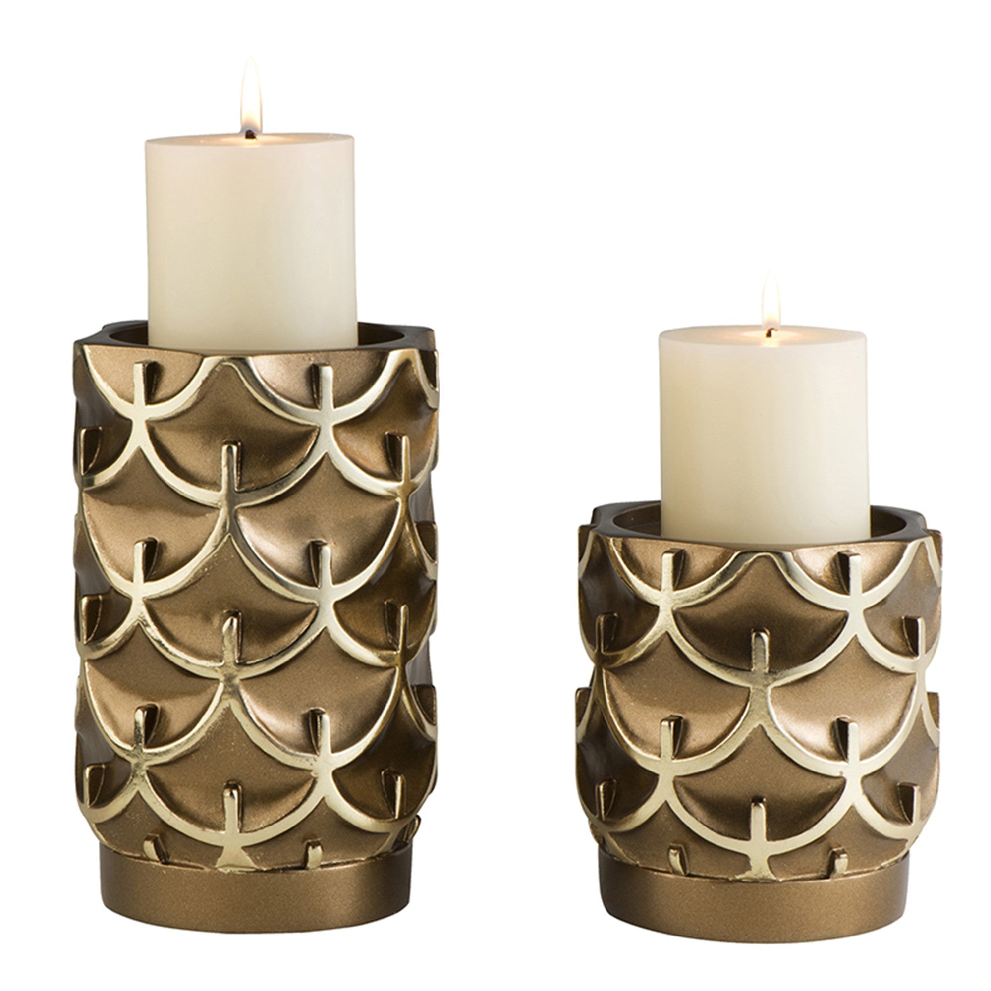 Set Of Two Antiqued Brass Tabletop Pillar Candle Holders