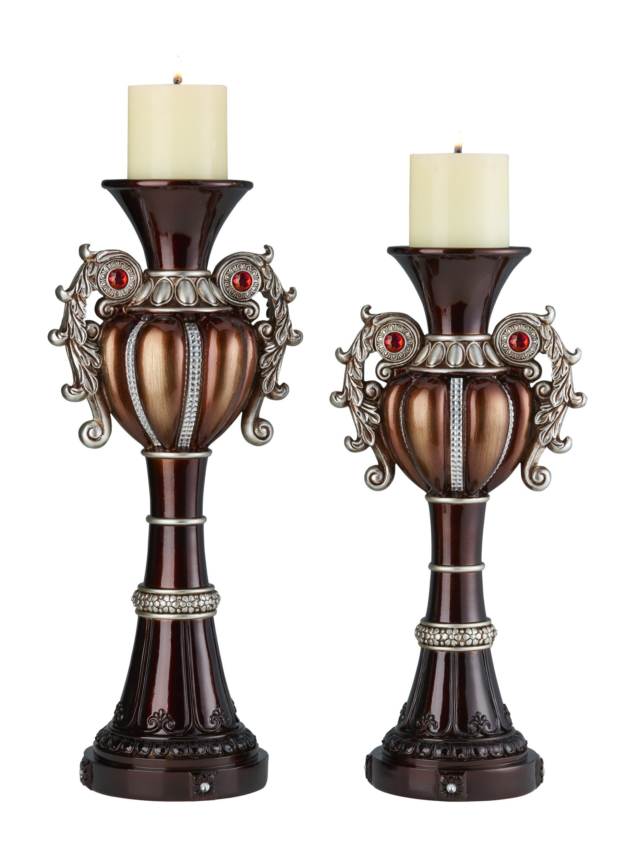 Set Of Two Bronze Tabletop Urn Shape Pillar Candle Holders