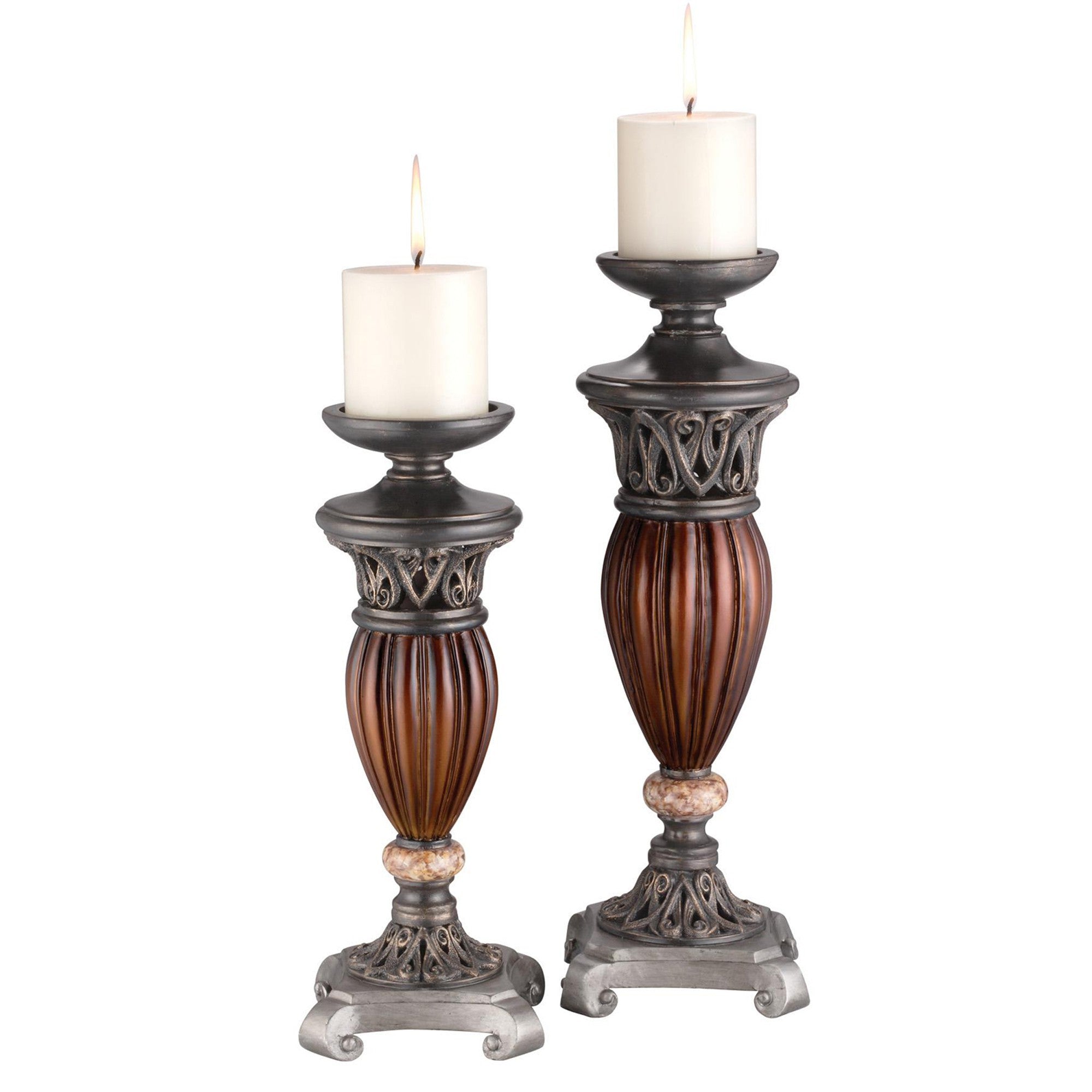 Set Of Two Bronze and Brown Tabletop Pillar Candle Holders