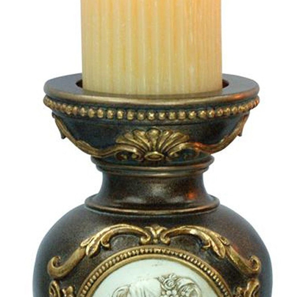 Set Of Two Bronze Greek Cameo Pillar Candle Holders