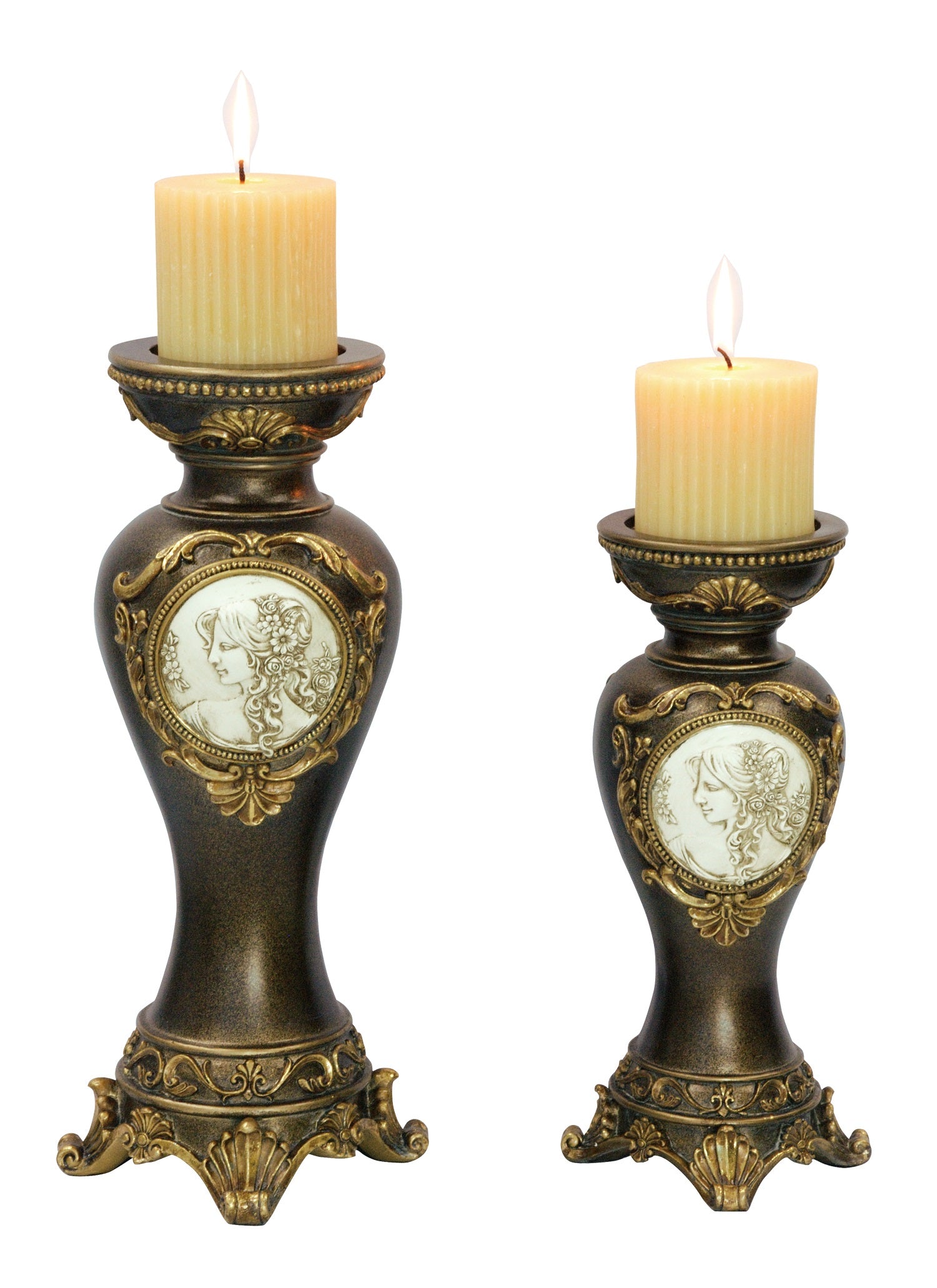 Set Of Two Bronze Greek Cameo Pillar Candle Holders