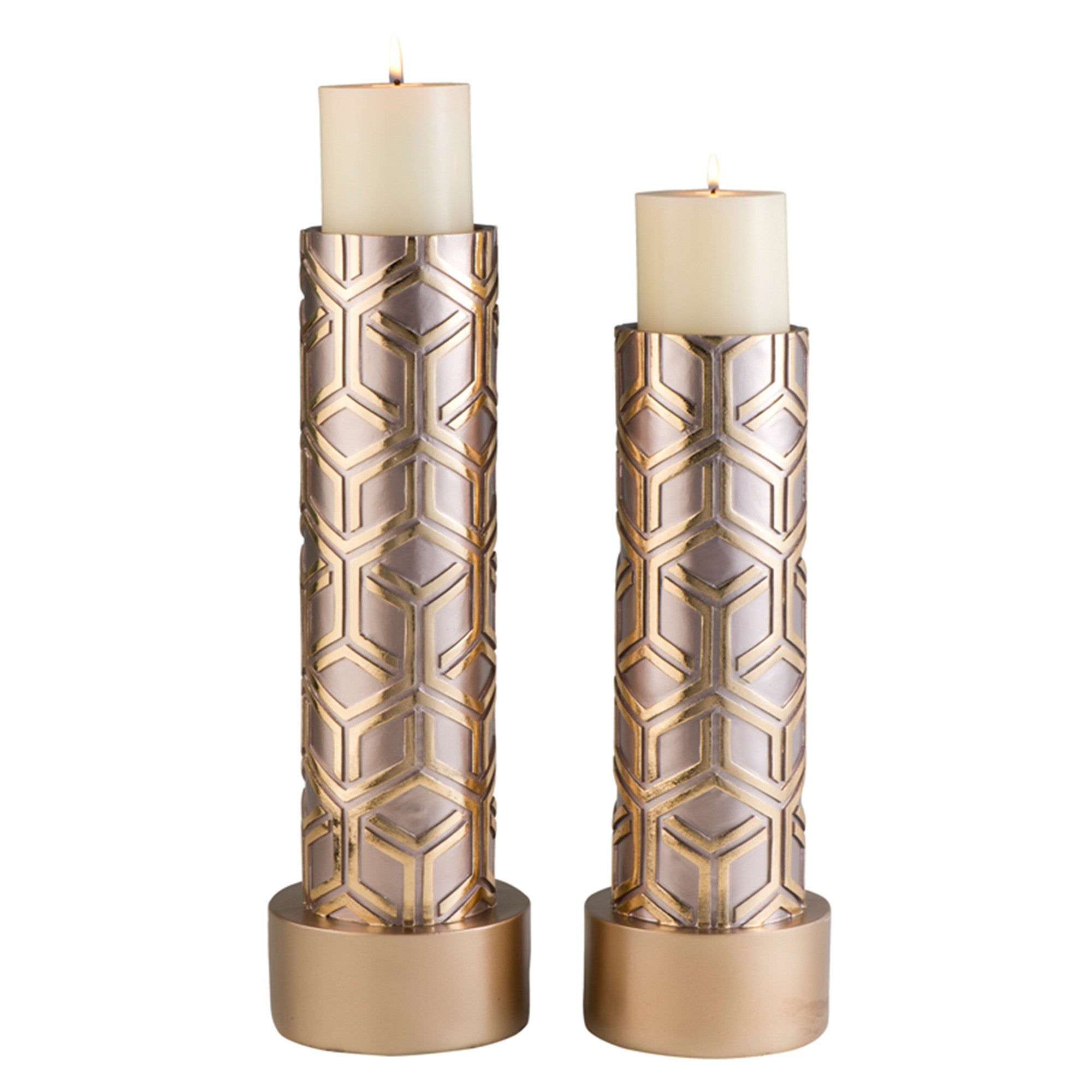 Set Of Two Gold Tabletop Pillar Candle Holders