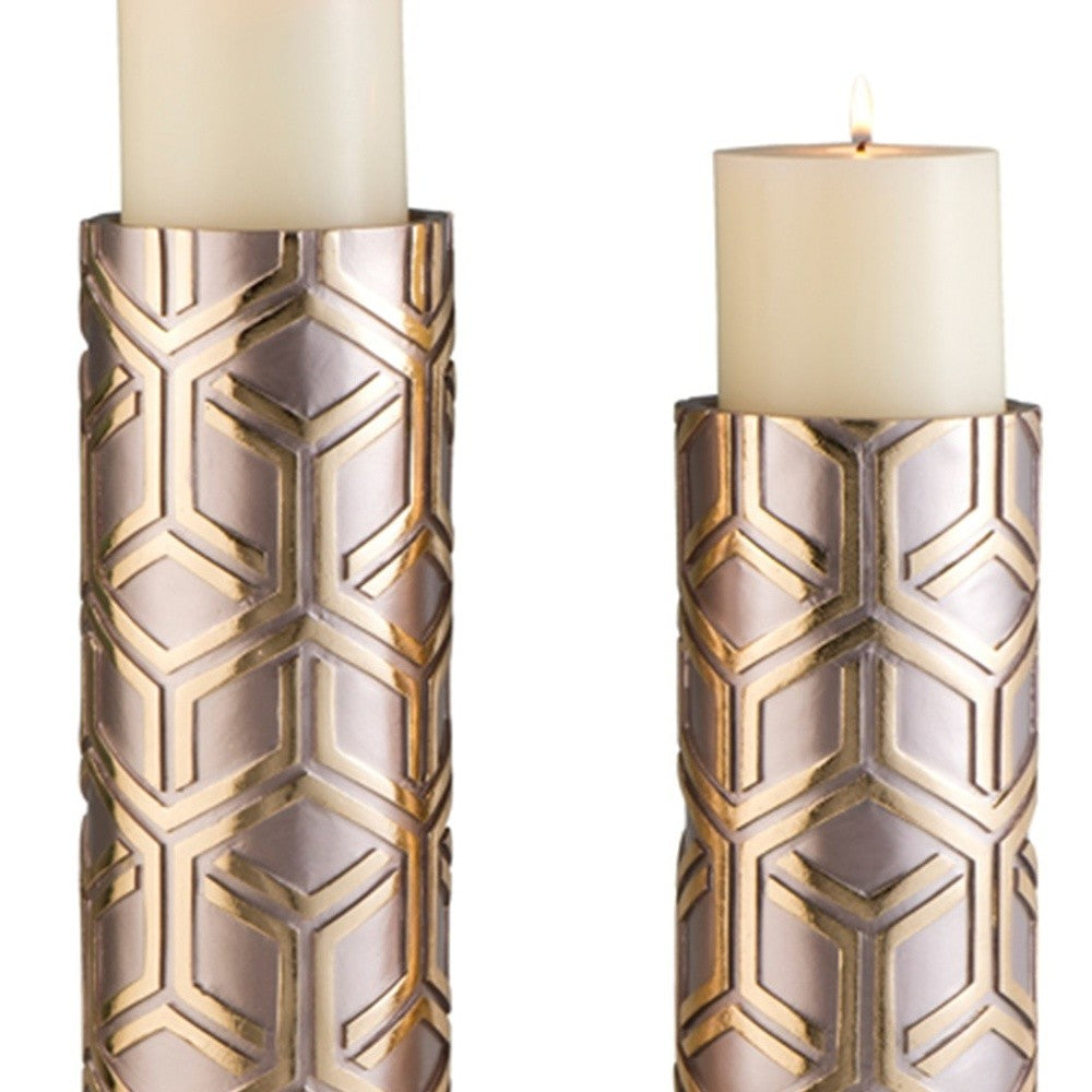 Set Of Two Gold Tabletop Pillar Candle Holders