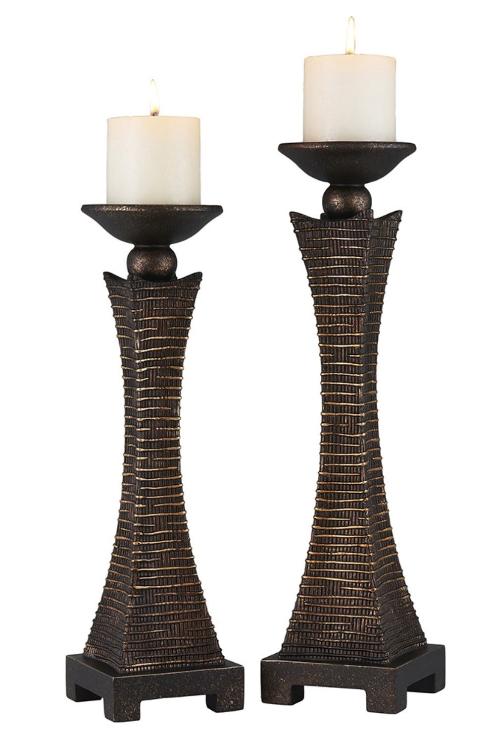 Set of Two Bronze Polyresin Woven Tabletop Pillar Candle Holders With Candle
