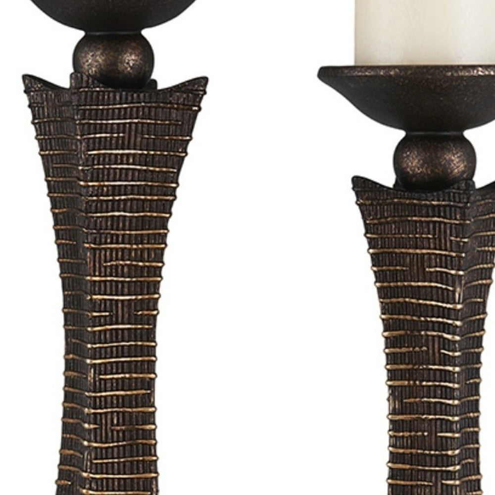 Set of Two Bronze Polyresin Woven Tabletop Pillar Candle Holders With Candle
