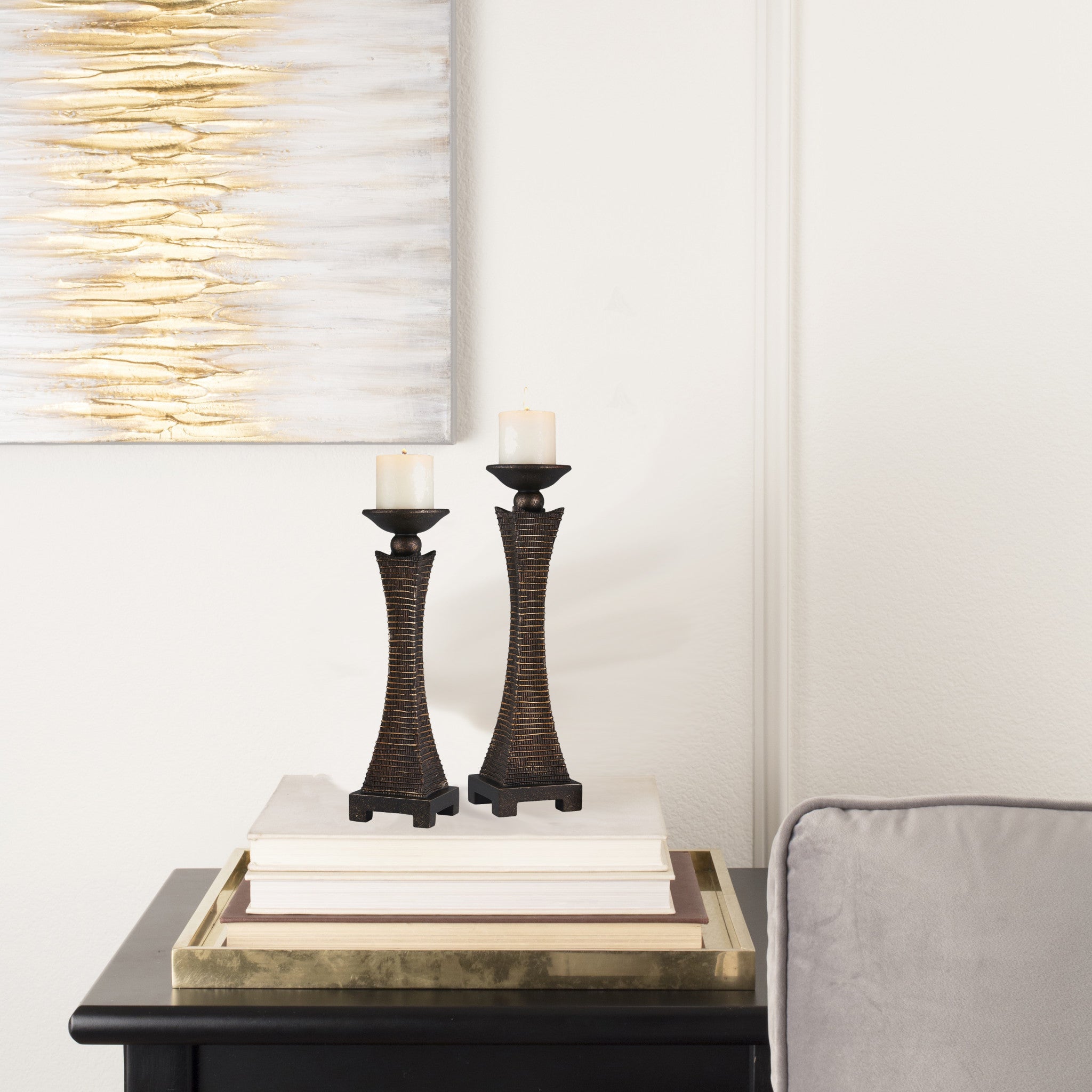 Set of Two Bronze Polyresin Woven Tabletop Pillar Candle Holders With Candle