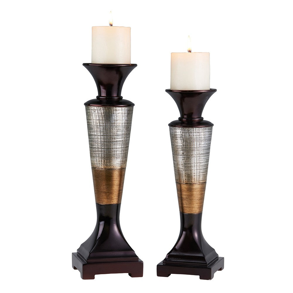 Set Of Two Silver and Brown Pillar Tabletop Pillar Candle Holder