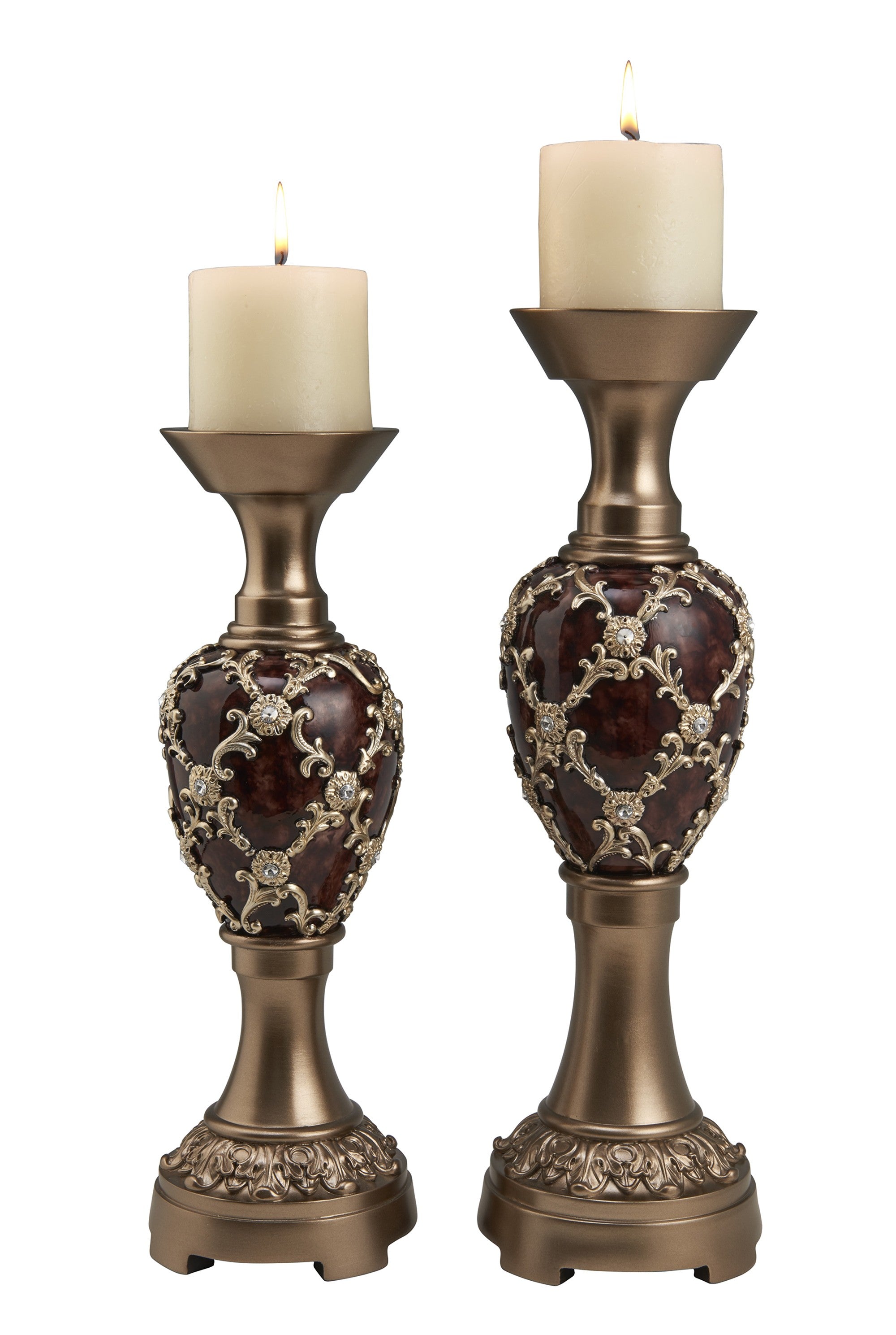 Set Of Two Gold Tabletop Pillar Candle Holders