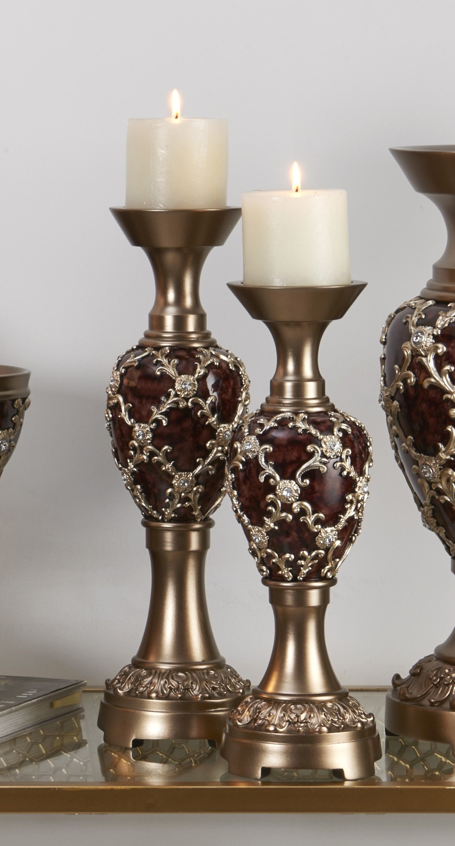 Set Of Two Gold Pillar Tabletop Pillar Candle Holders
