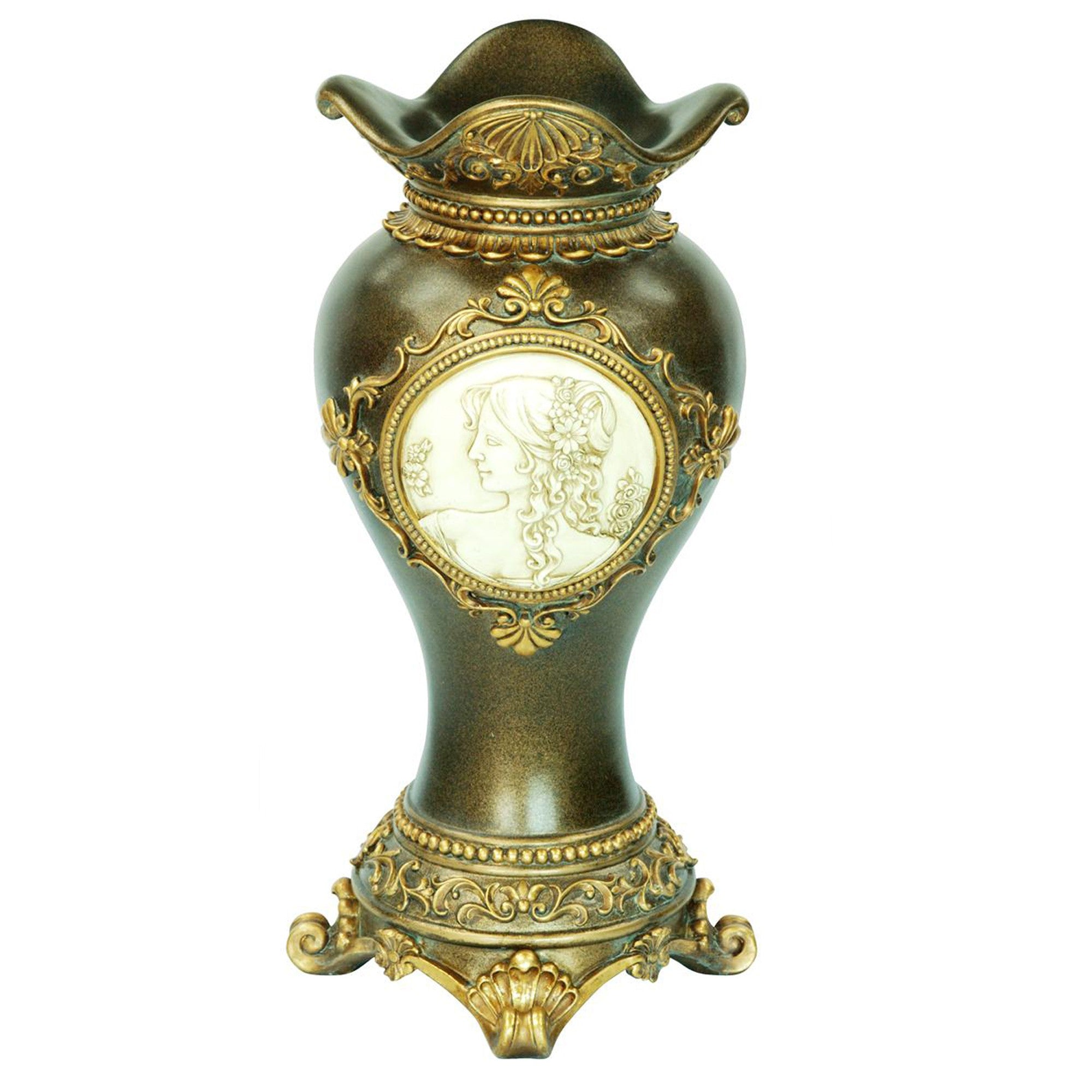 16" Bronze and Gold Floral and Cameo Vase