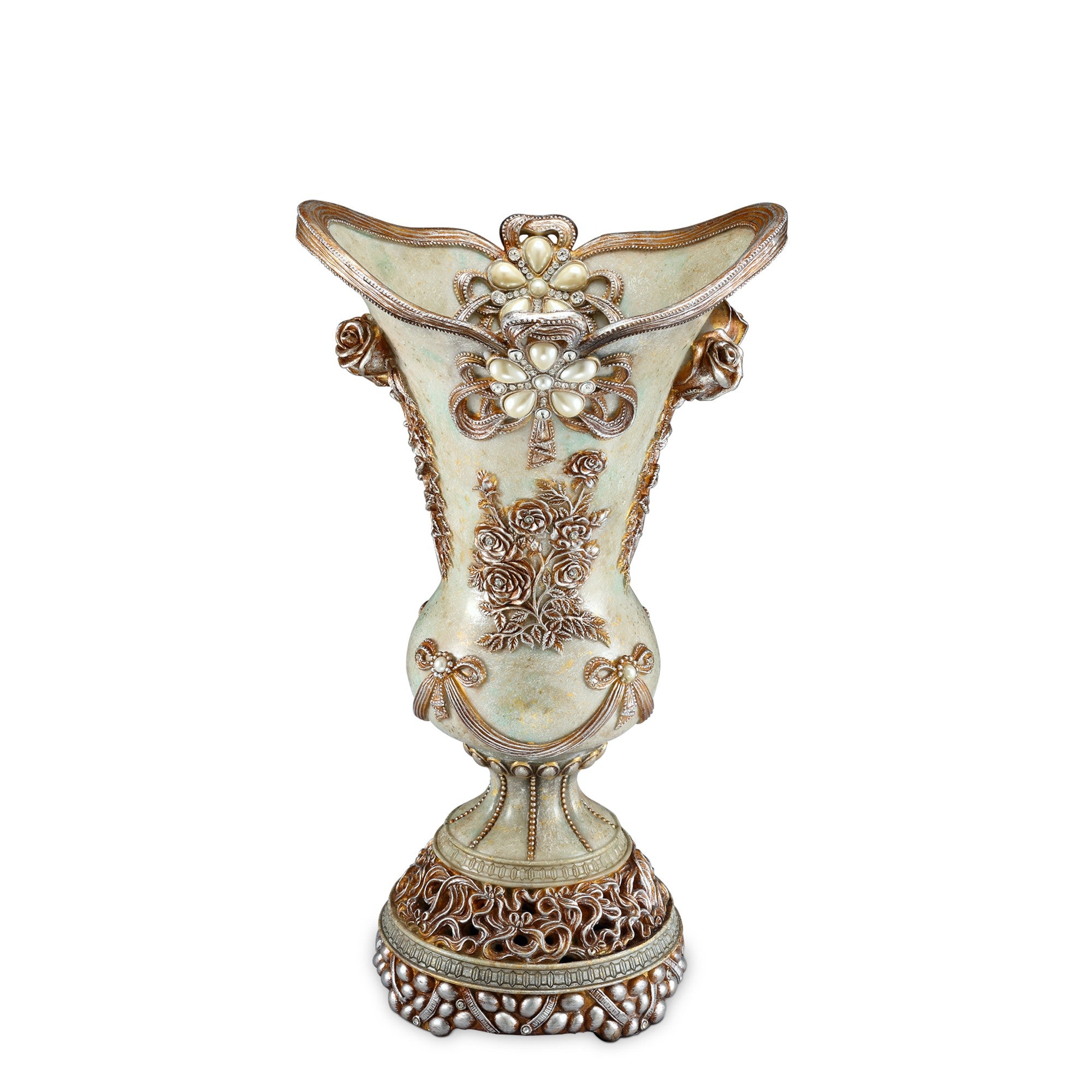 16" Polyresin Green and Silver Floral Novelty Urn
