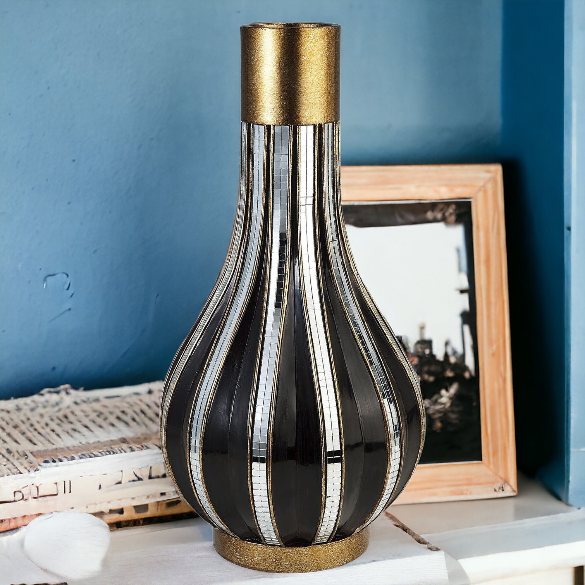 16" Polyresin Gold and Black Striped Round Urn
