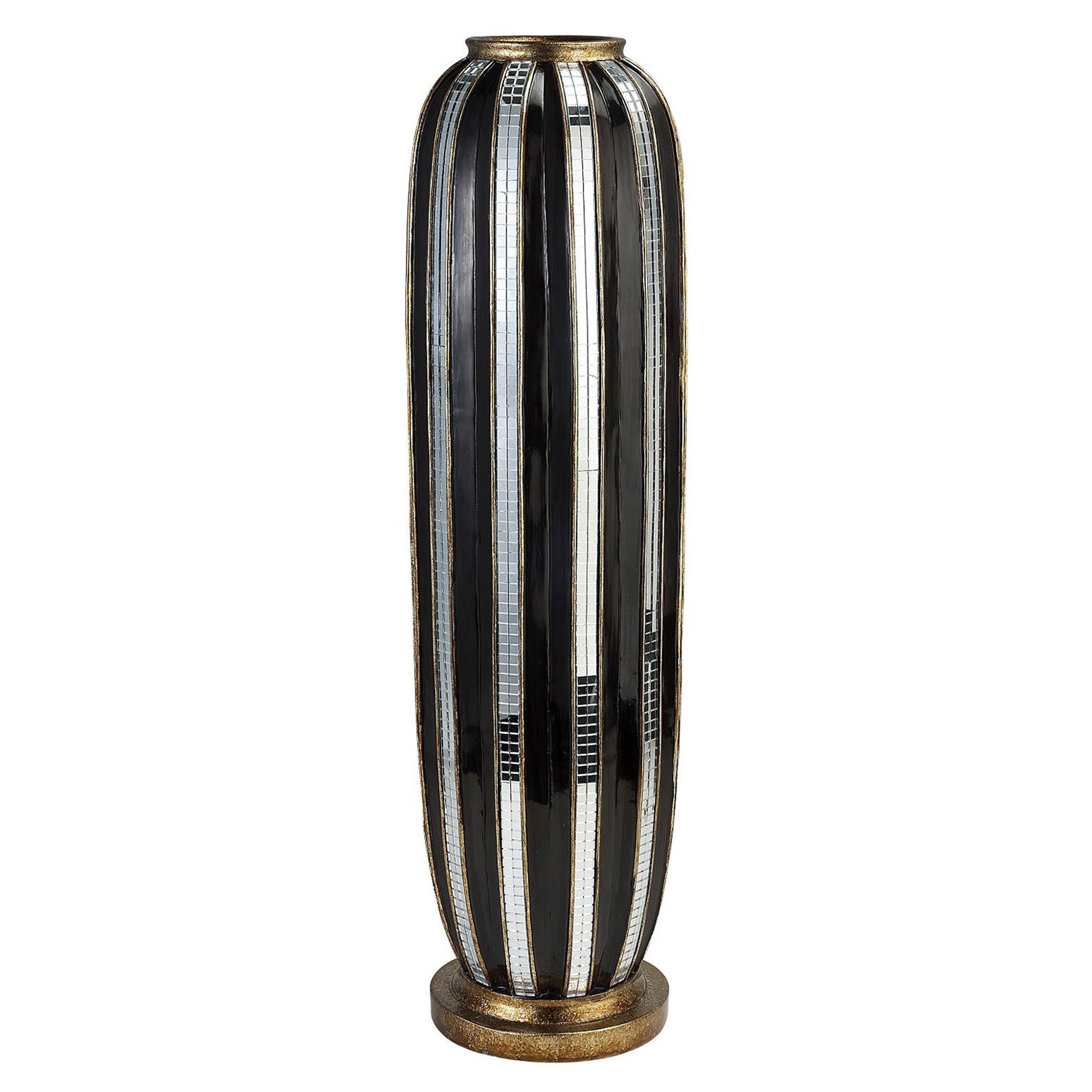 21" Polyresin Black and Silver Striped Round Floor Vase