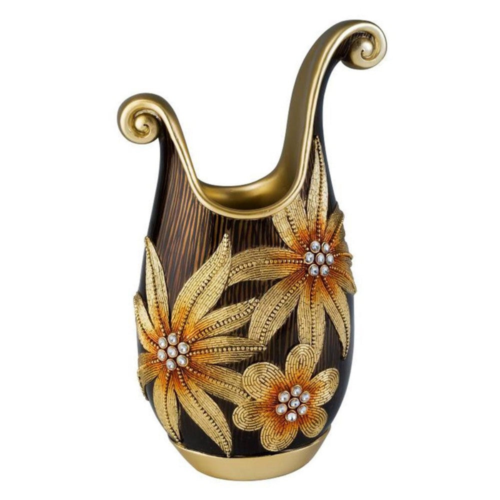 18" Brown and Gold Floral Polyresin Table Vase