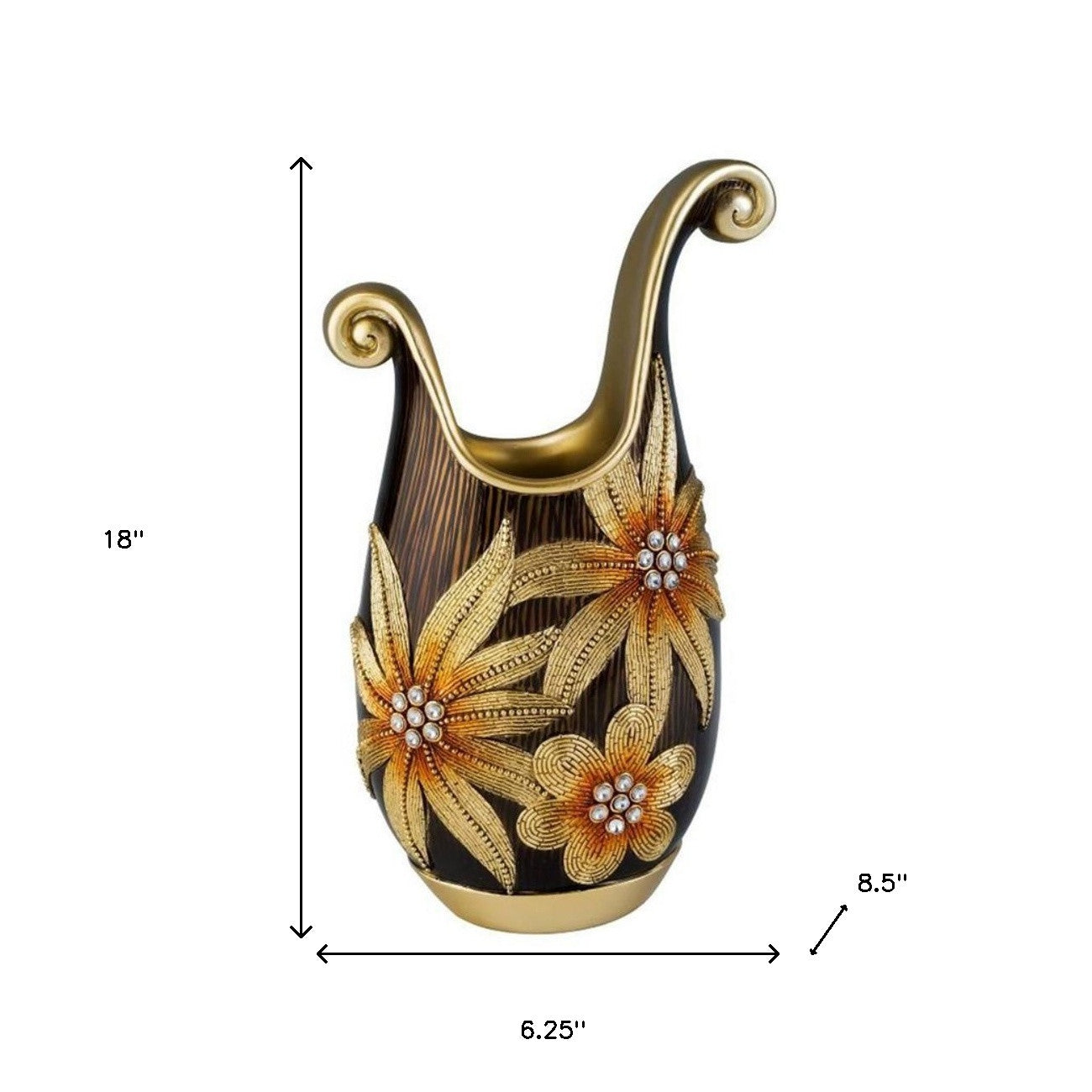 18" Brown and Gold Floral Polyresin Table Vase