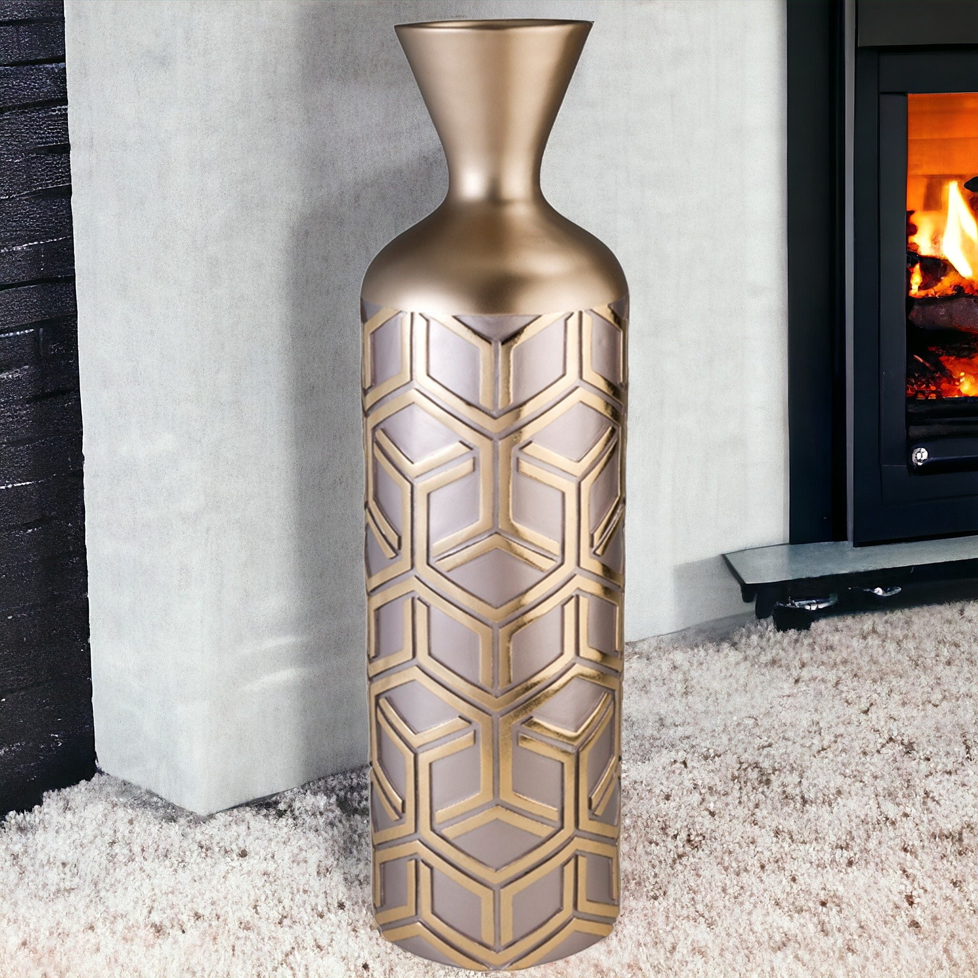 22"  Gold and Brown Geometric Polyresin Floor Vase