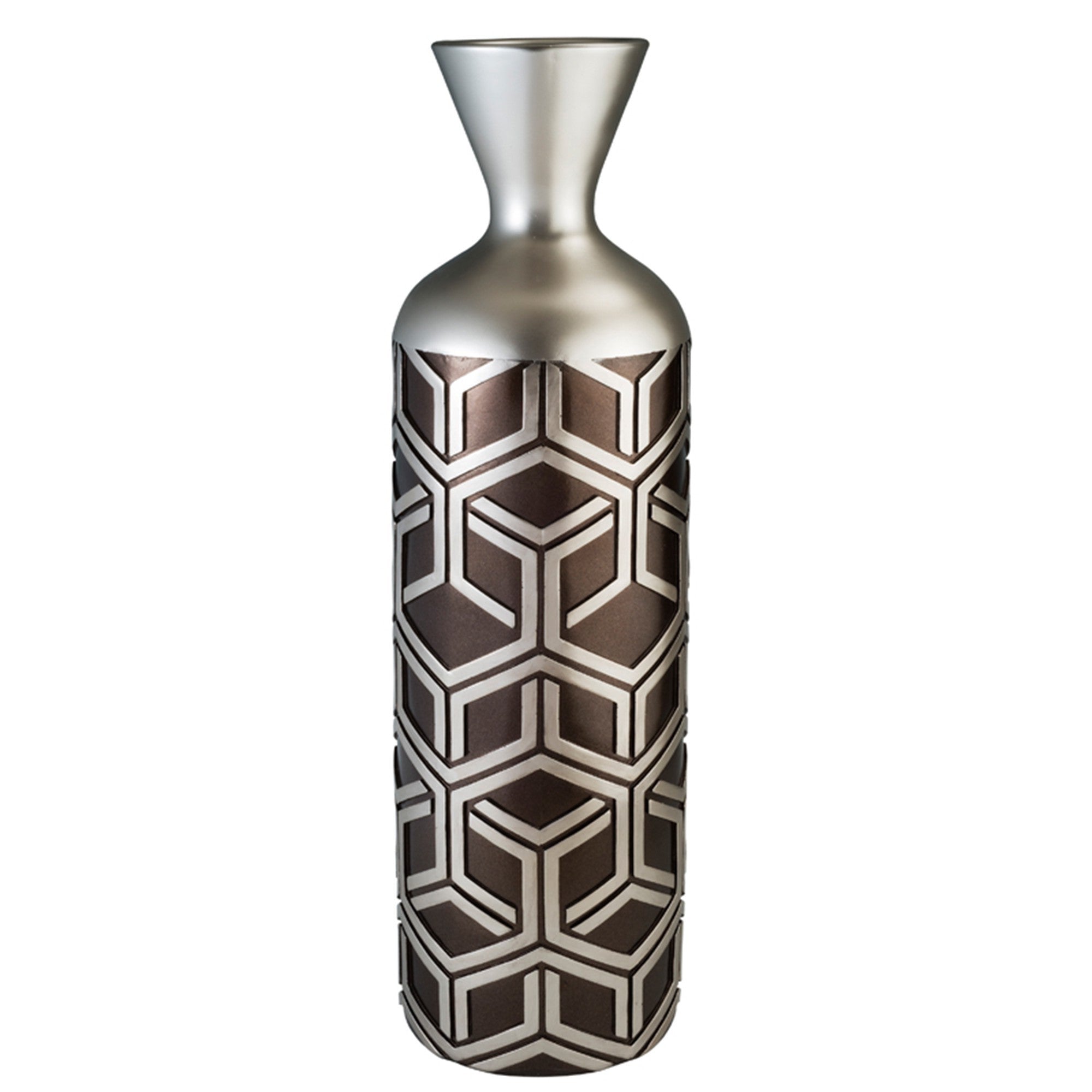 22" Brown and Silver Geometric Polyresin Floor Vase