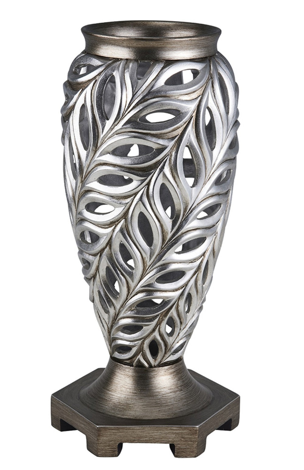 16" Gray and Silver Leaf Polyresin Round Urn Vase