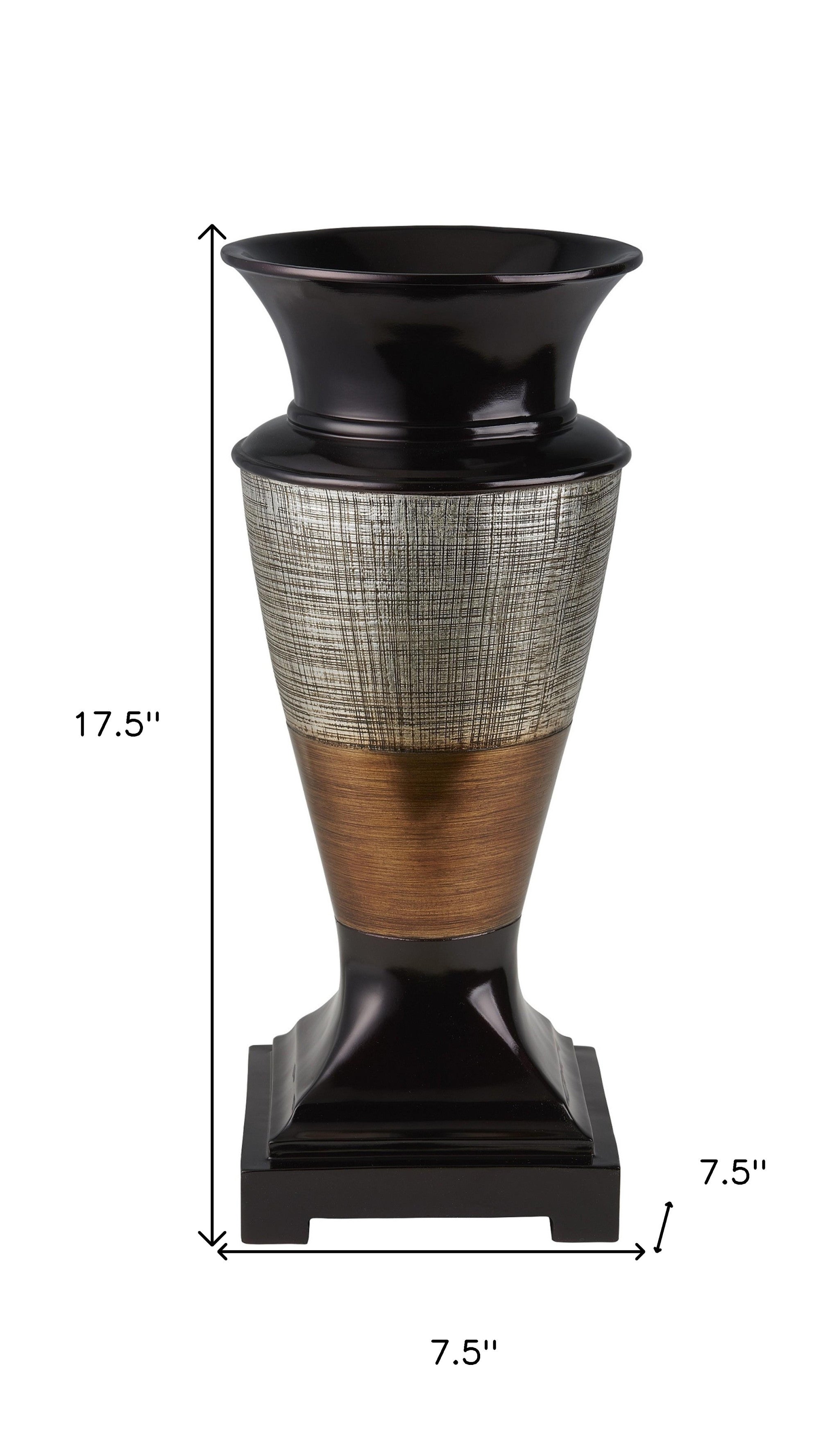 18" Black Silver and Gold Polyresin Urn Vase