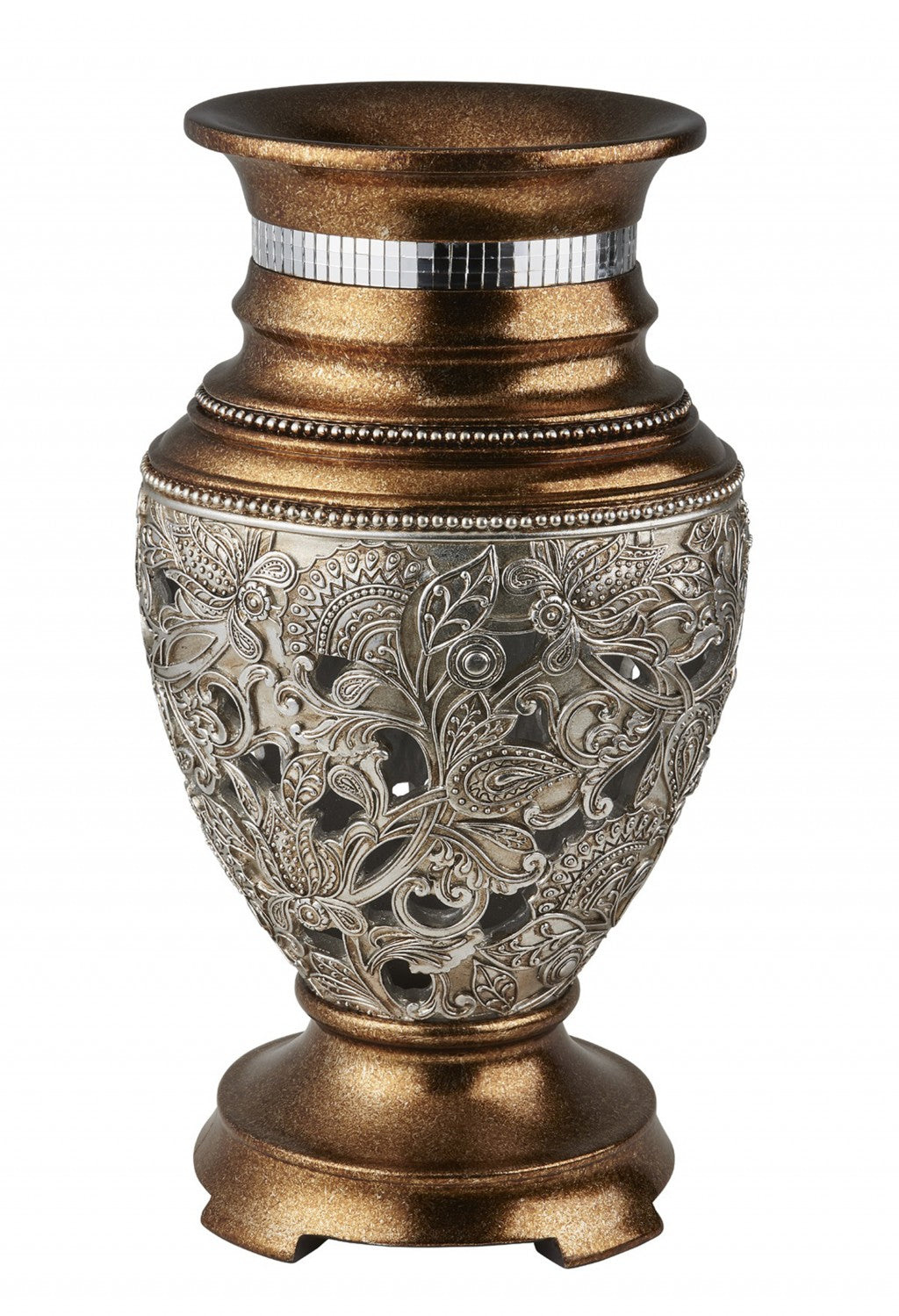 15" Gold and Silver Paisley Polyresin Round Urn Vase