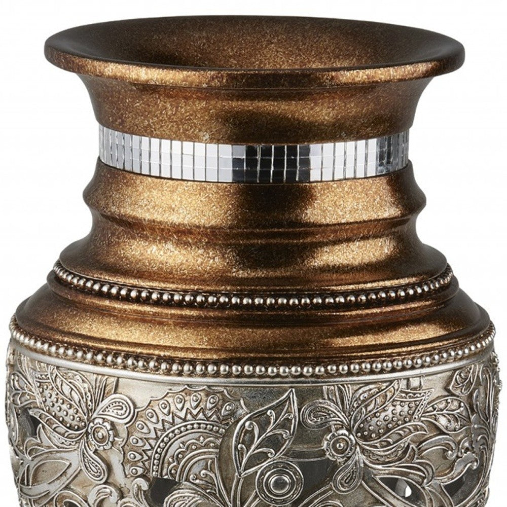 15" Gold and Silver Paisley Polyresin Round Urn Vase