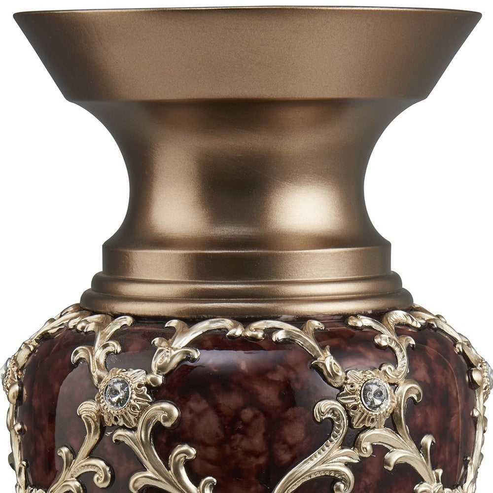 18" Gold and Brown Damask Polyresin Round Urn Vase