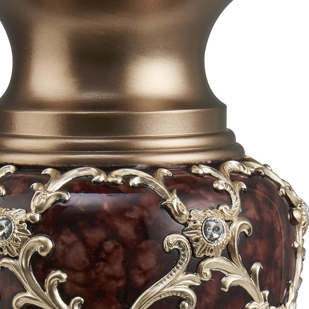 18" Gold and Brown Damask Polyresin Round Urn Vase