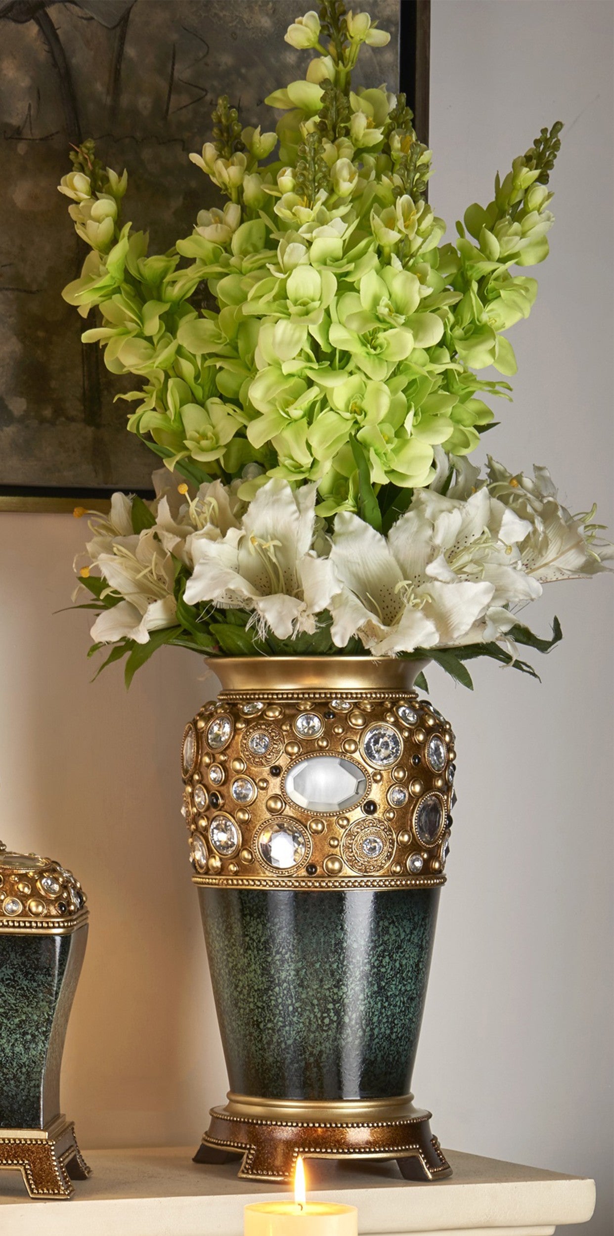16" Green and Gold Polyresin Bejeweled Urn Vase