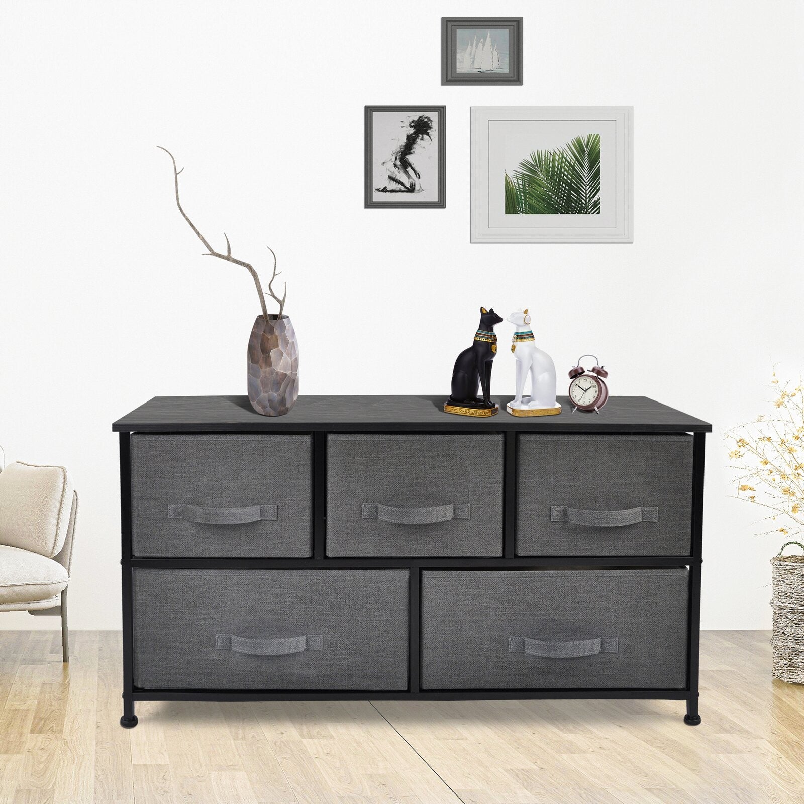 39" Black And Dark Fabric and Steel Accent Chest With Two Shelves And Five Drawers