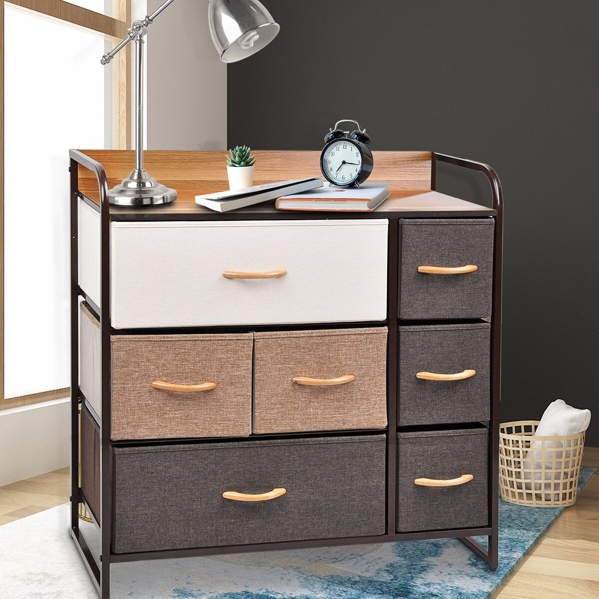32" Brown Fabric and Steel Accent Chest With Two Shelves And Seven Drawers