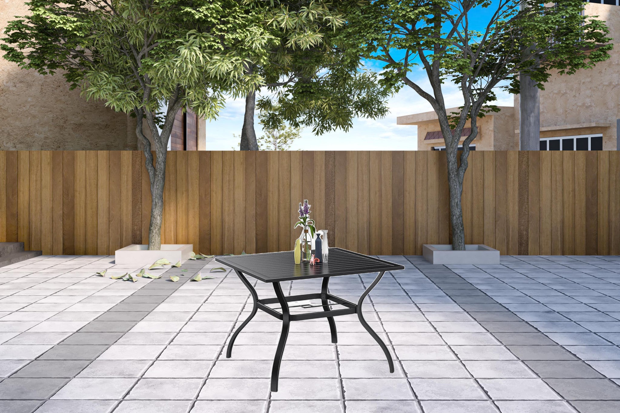 37" Black Square Metal Outdoor Dining Table with Umbrella Hole