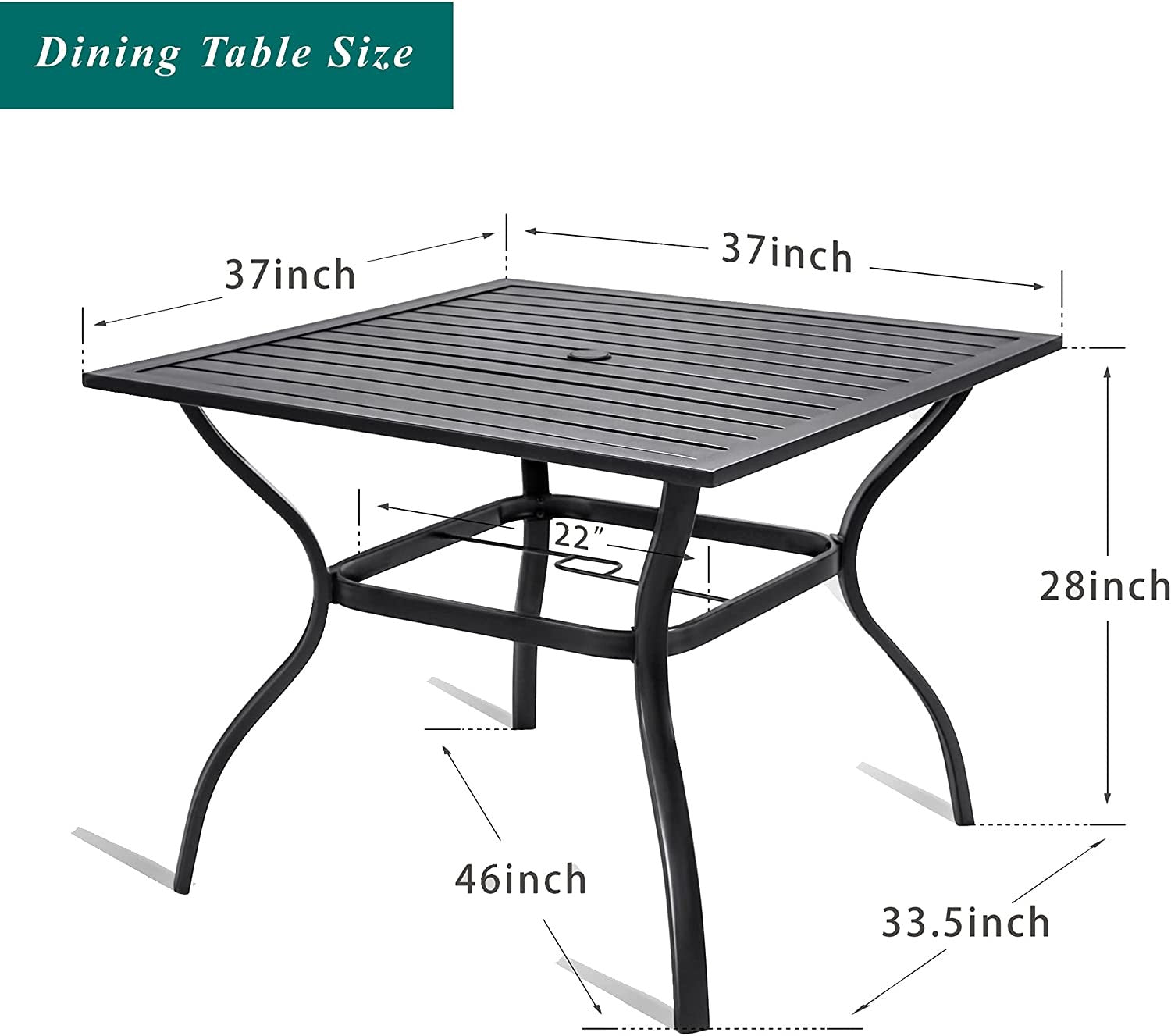37" Black Square Metal Outdoor Dining Table with Umbrella Hole