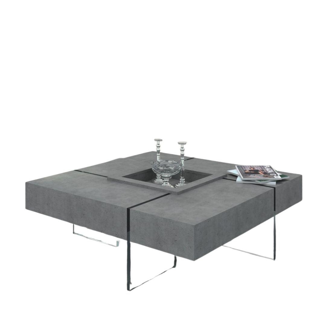 47" Gray and Clear Concrete And Glass Square Solid Coffee Table