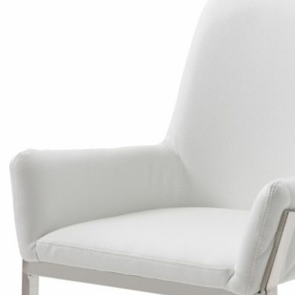 White and Silver Upholstered Faux Leather Dining Arm Chair