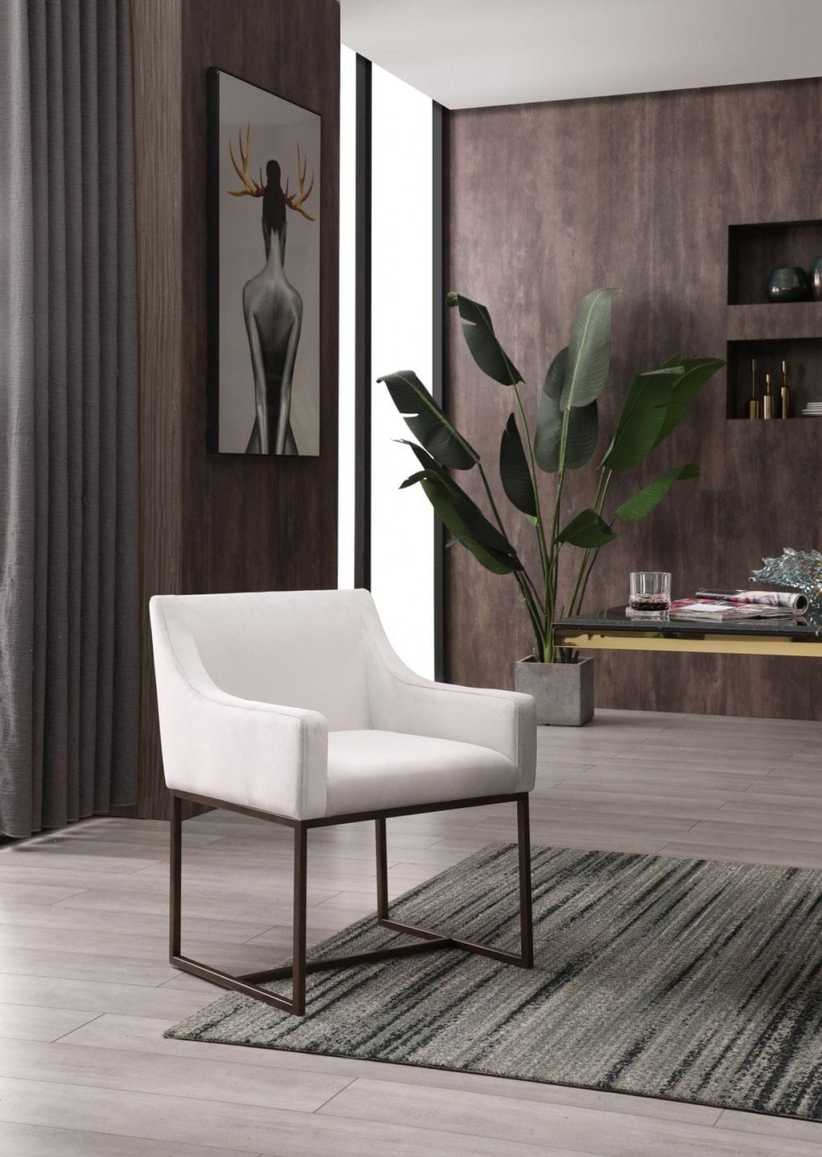 White and Brass Upholstered Fabric Dining Arm Chair