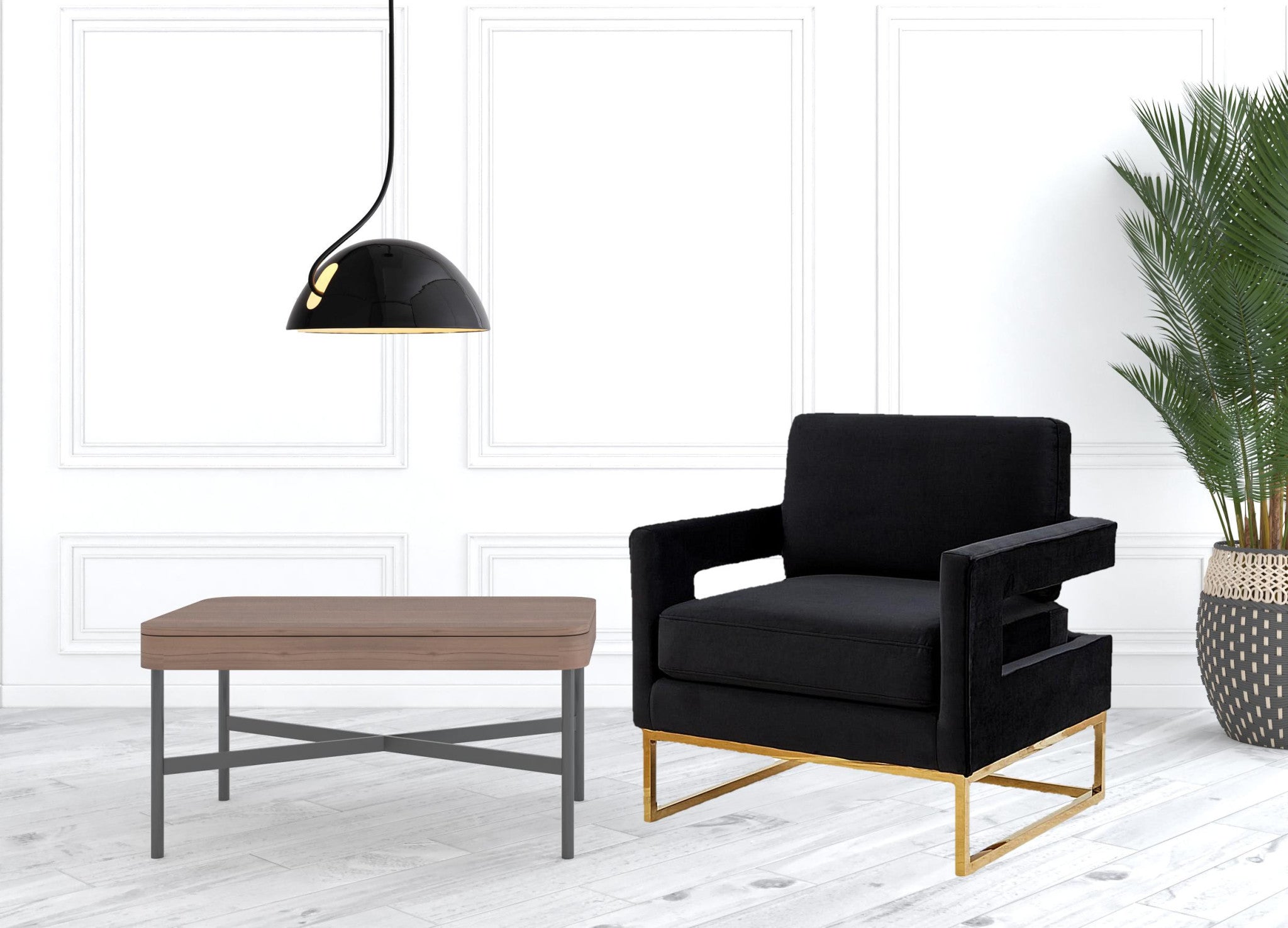 34" Black And Gold Velvet Arm Chair