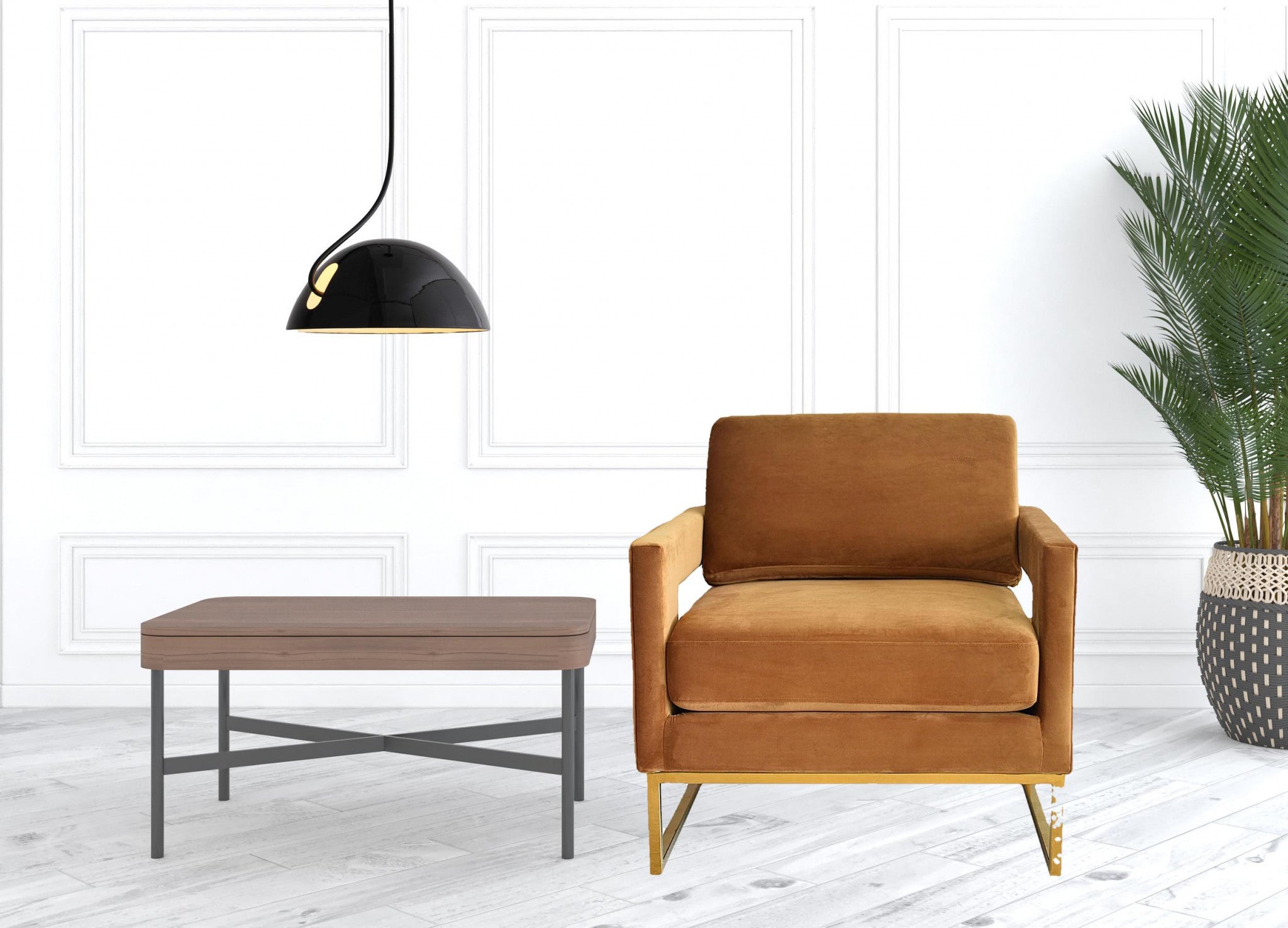 34" Camel And Gold Velvet Arm Chair