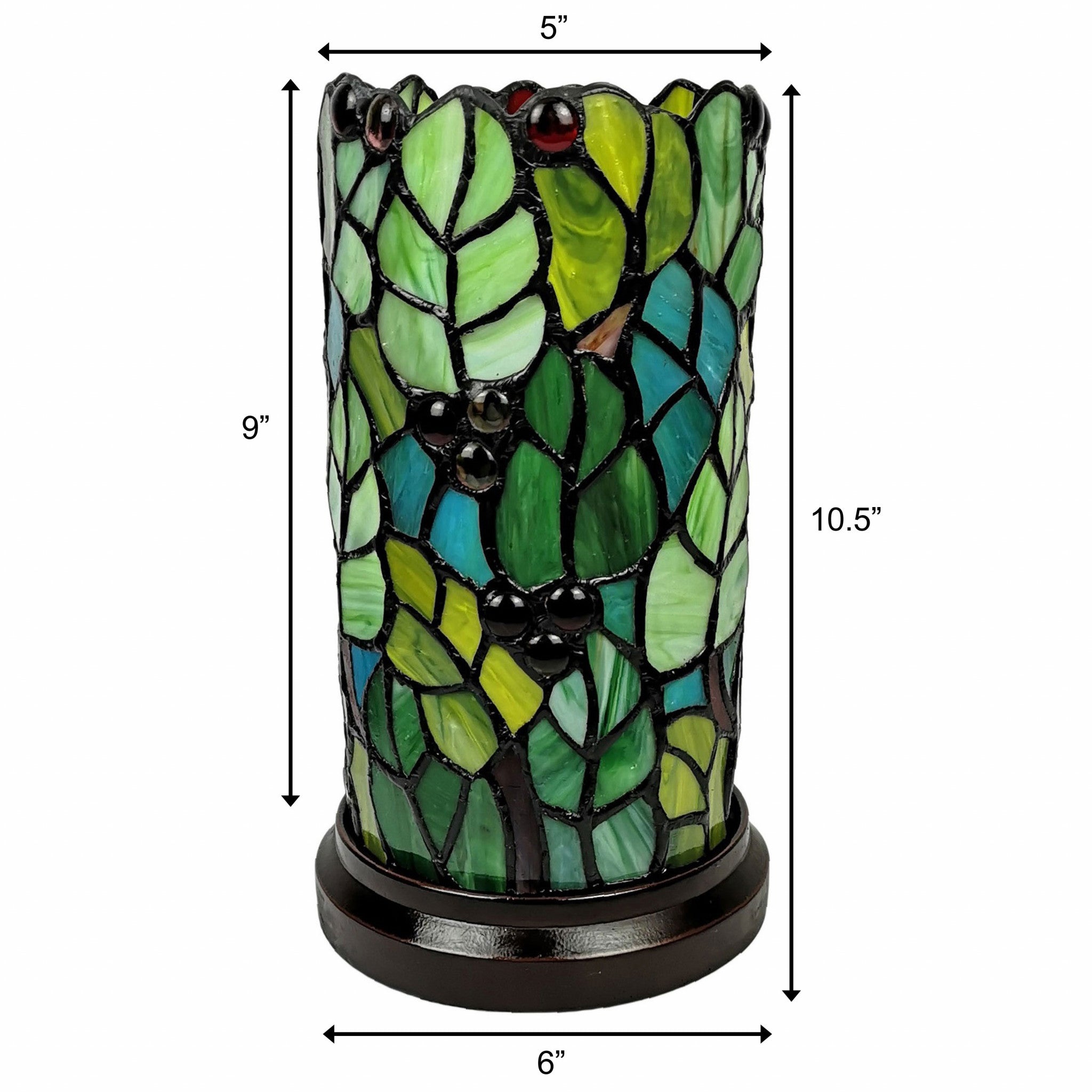 11" Green and Red Leaves and Berries Stained Glass Accent Lamp