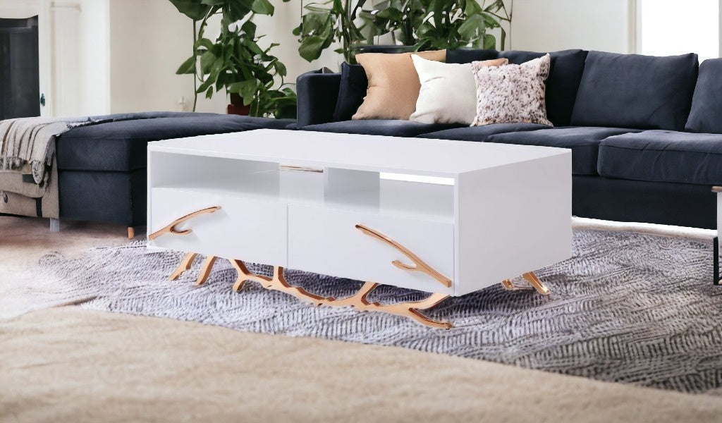 51" White and Rose Gold Wood And Stainless Steel Abstract Coffee Table With Two Drawers And Two Shelves