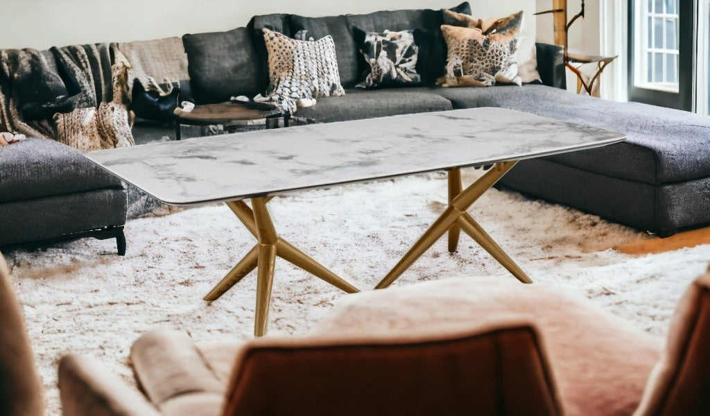 51" White and Brown Faux Marble And Wood Abstract Coffee Table
