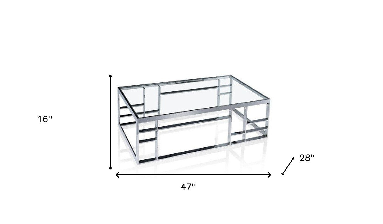 47" Clear and Silver Glass And Stainless Steel Frame Coffee Table