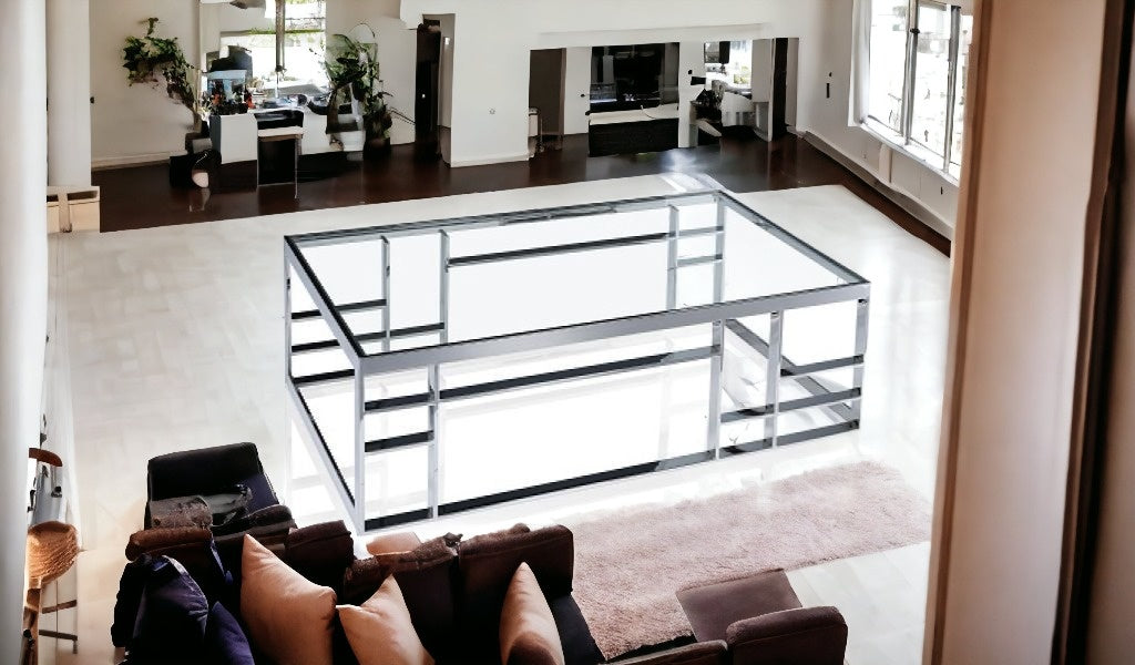 47" Clear and Silver Glass And Stainless Steel Frame Coffee Table