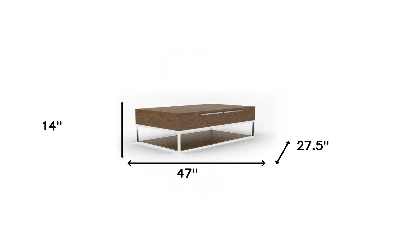 47" Brown and Silver Wood And Stainless Steel Floor Shelf Coffee Table With Two Drawers And Shelf