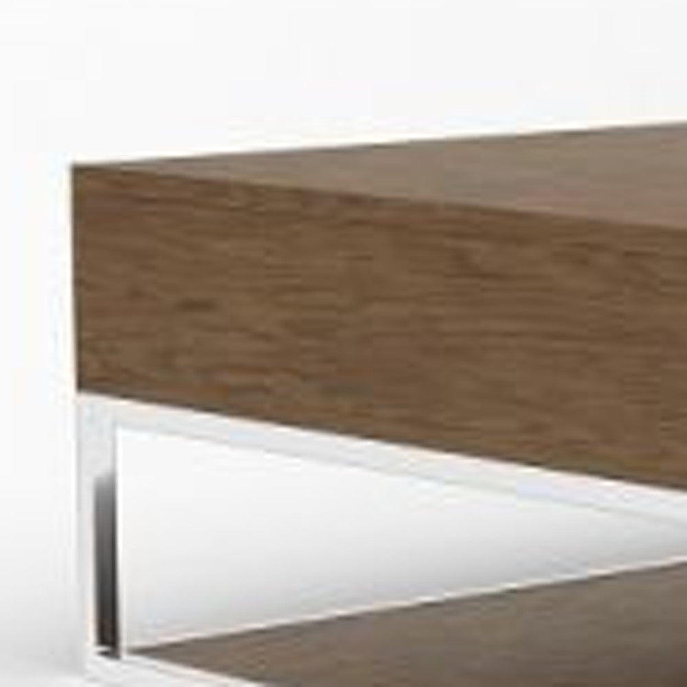 47" Brown and Silver Wood And Stainless Steel Floor Shelf Coffee Table With Two Drawers And Shelf