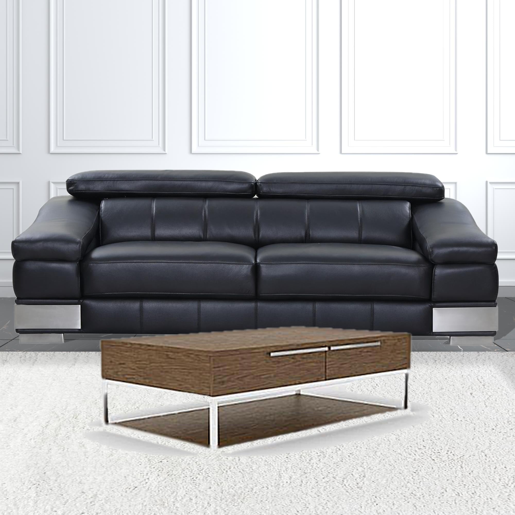 47" Brown and Silver Wood And Stainless Steel Floor Shelf Coffee Table With Two Drawers And Shelf