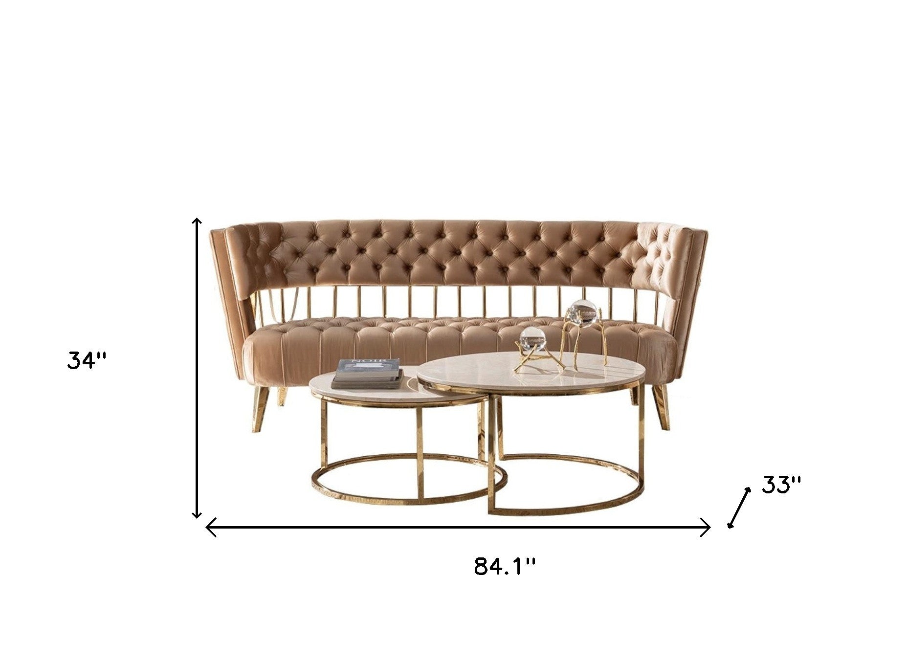 84" Beige Velvet Sofa With Gold Legs