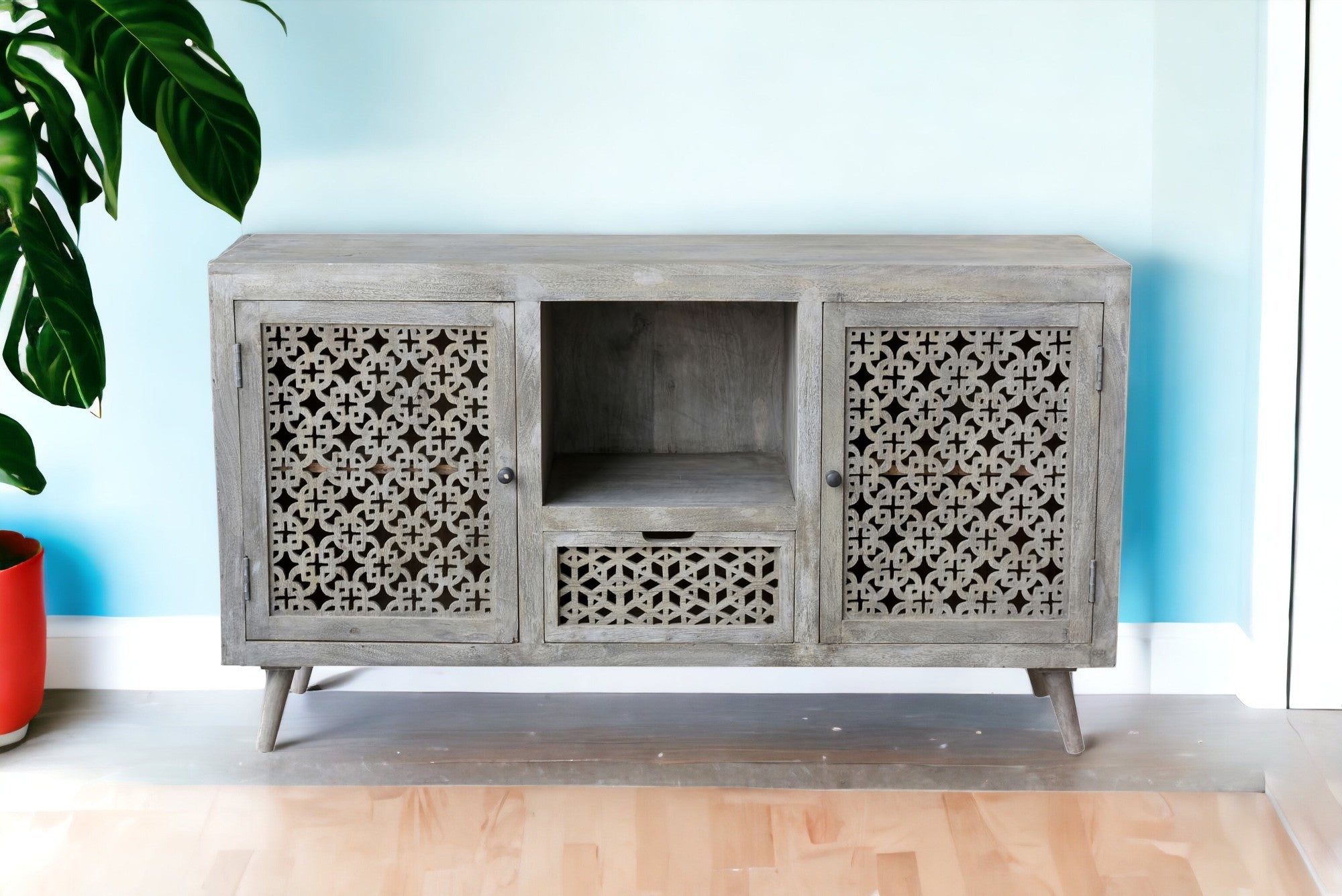 55" Gray Solid Wood Distressed Console Table With Storage With Storage