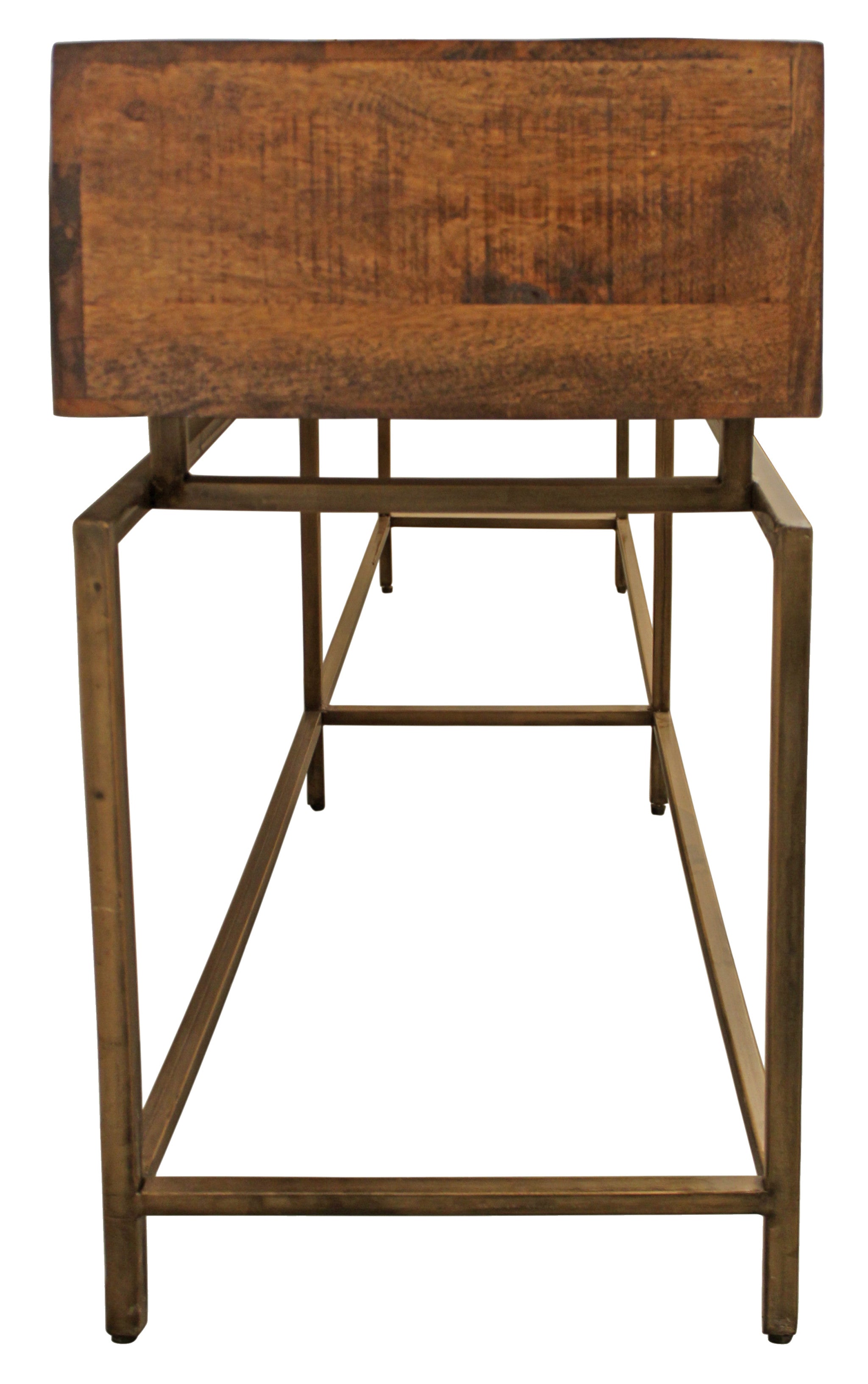 72" Brown and Brass Solid Wood Distressed Six Leg Console Table With Four Drawers