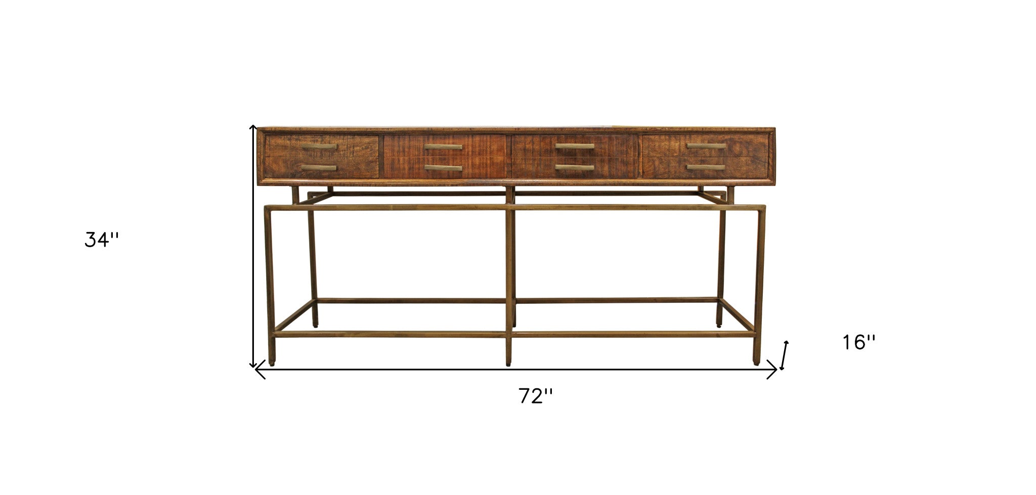 72" Brown and Brass Solid Wood Distressed Frame Console Table With Storage